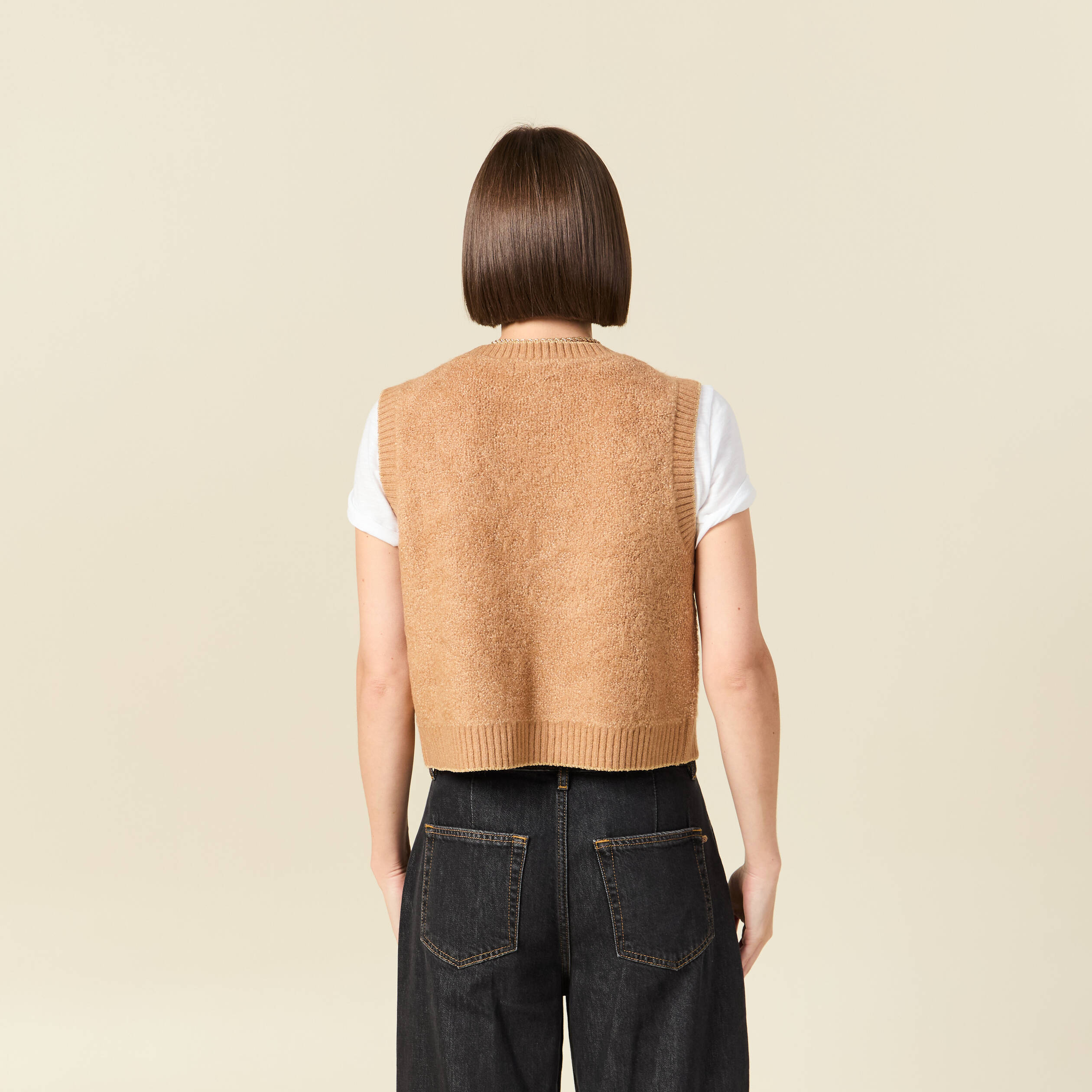 Gilet sherpa droit sans manches beige femme
