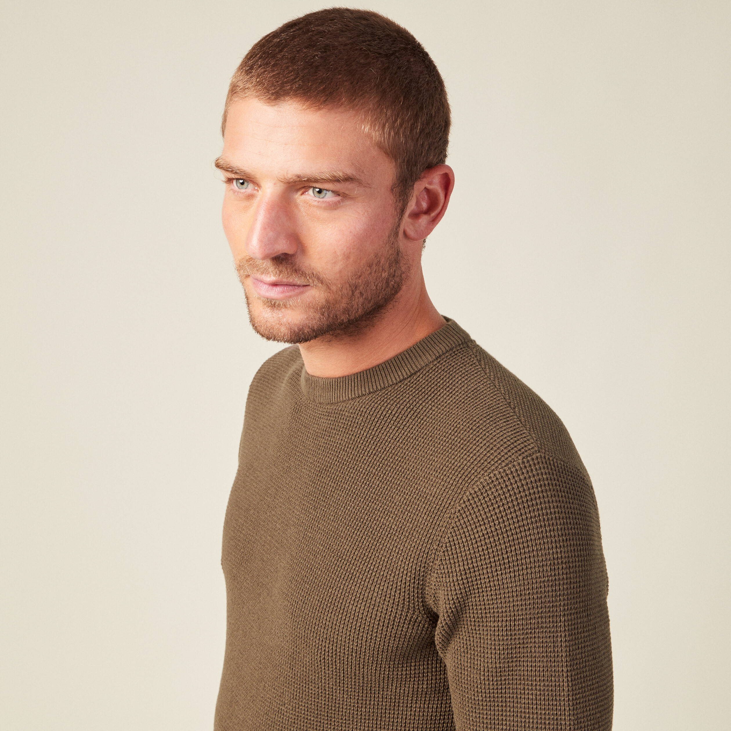 Pull manches longues col rond vert kaki homme