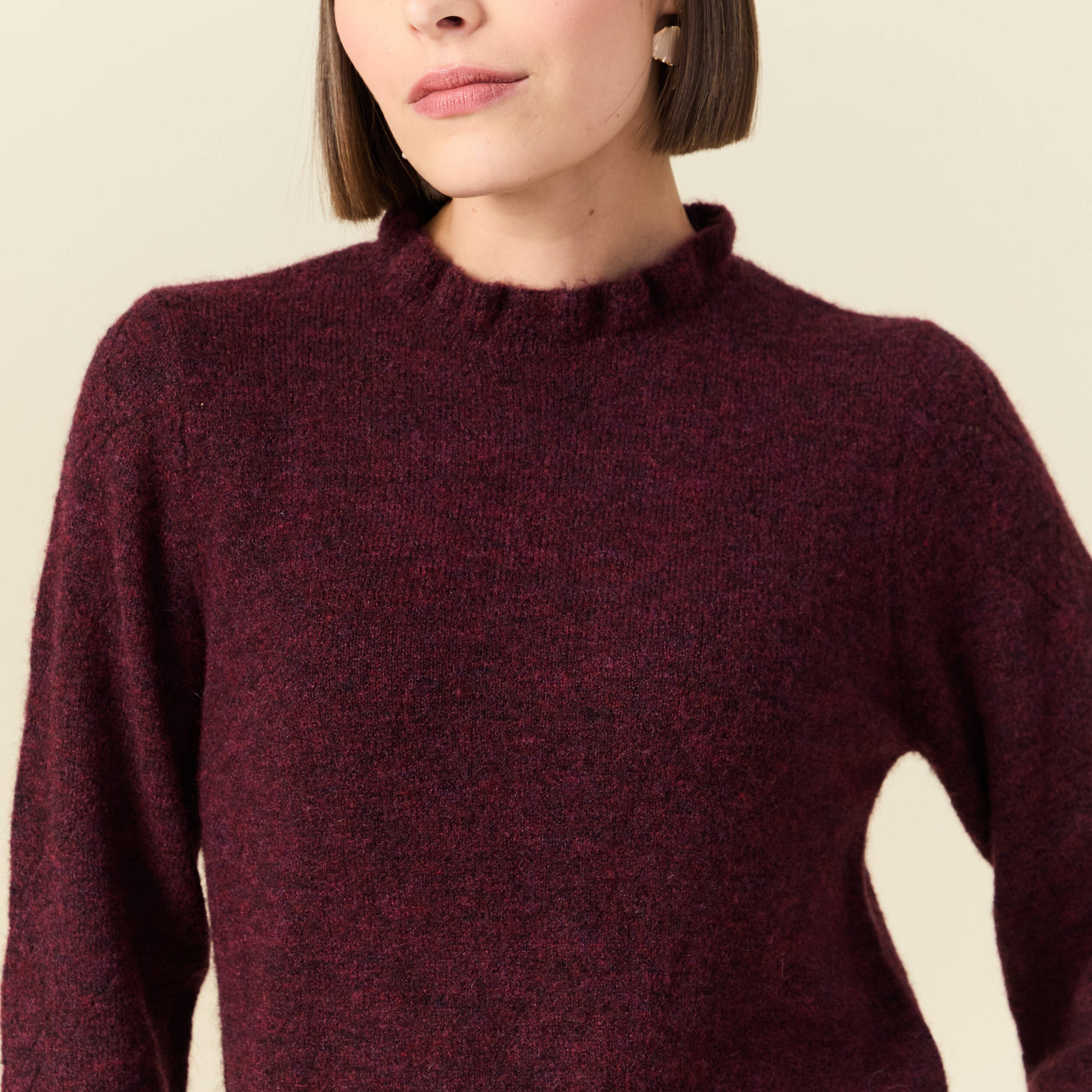Pull col montant manches longues bordeaux femme
