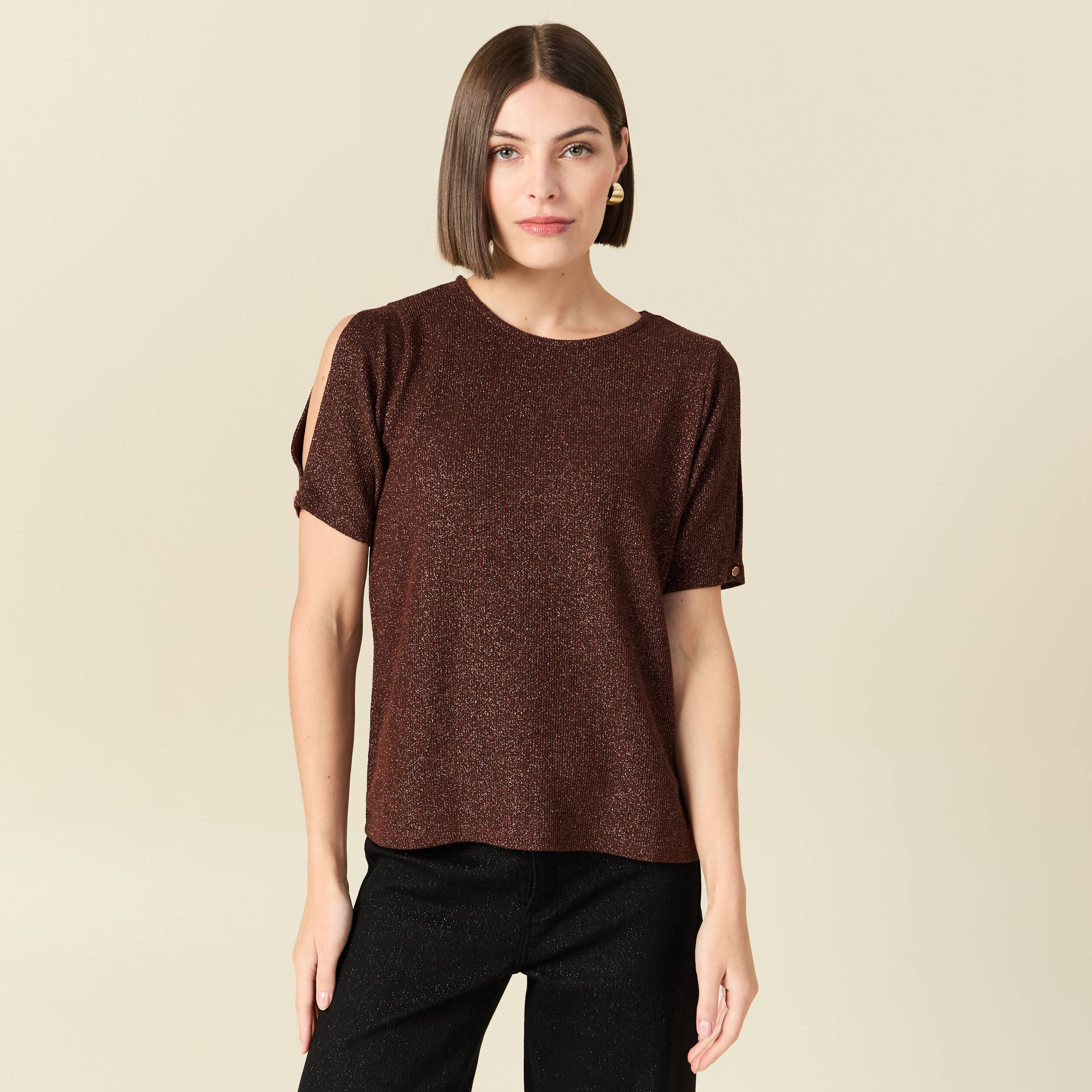 T-shirt manches courtes brillant marron femme