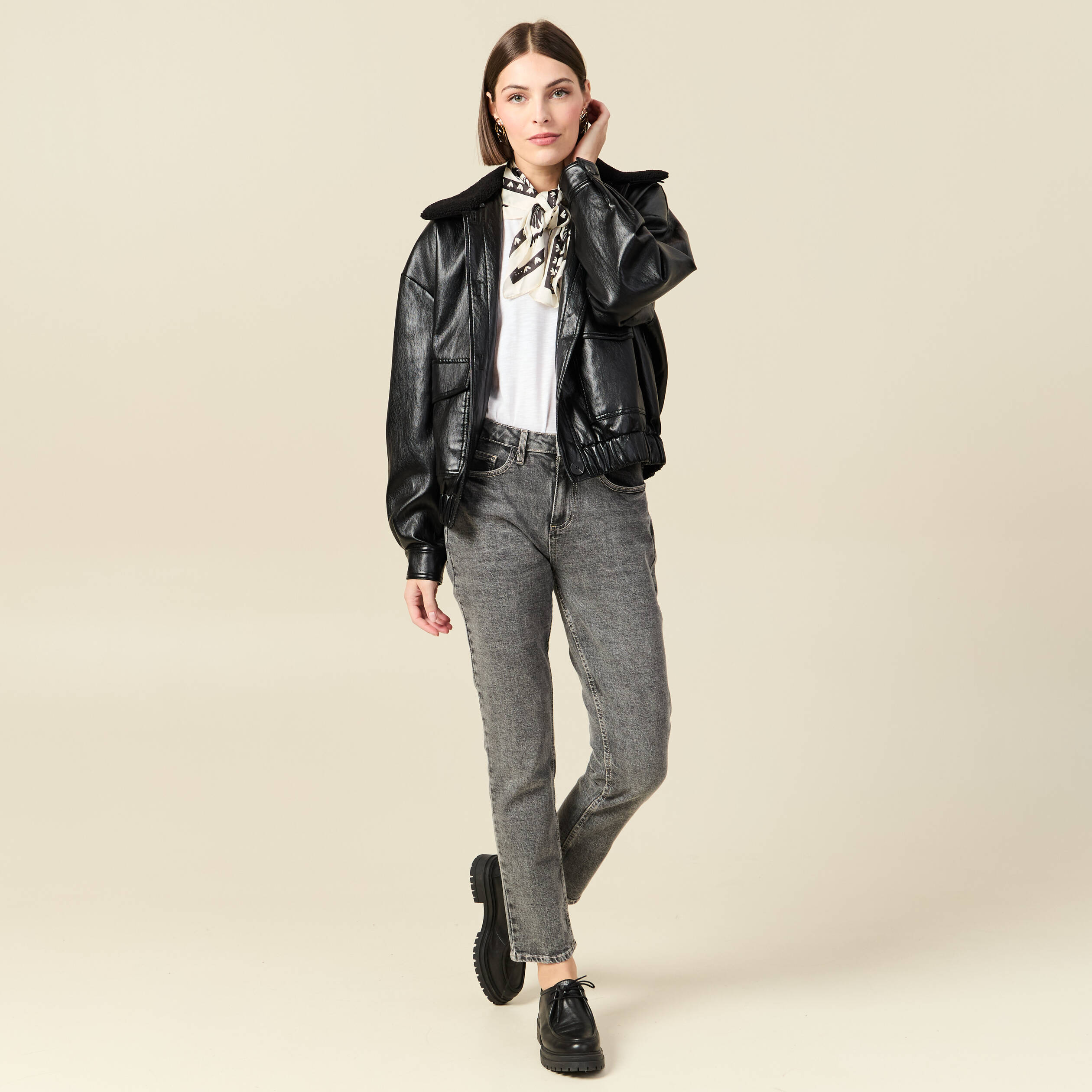 Jeans slim 7/8&egrave;me taille haute denim gris femme