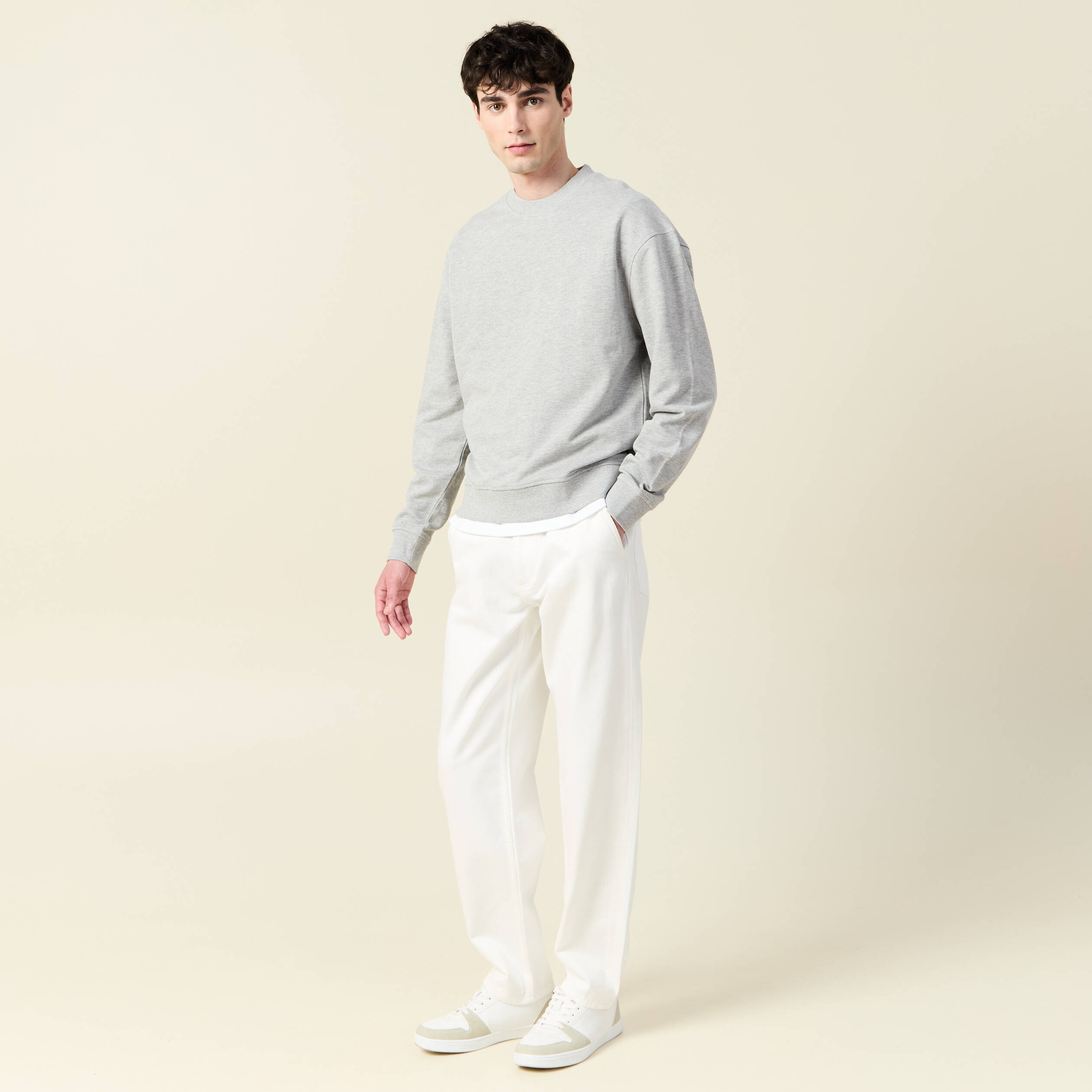 Sweat col rond manches longues en coton gris homme