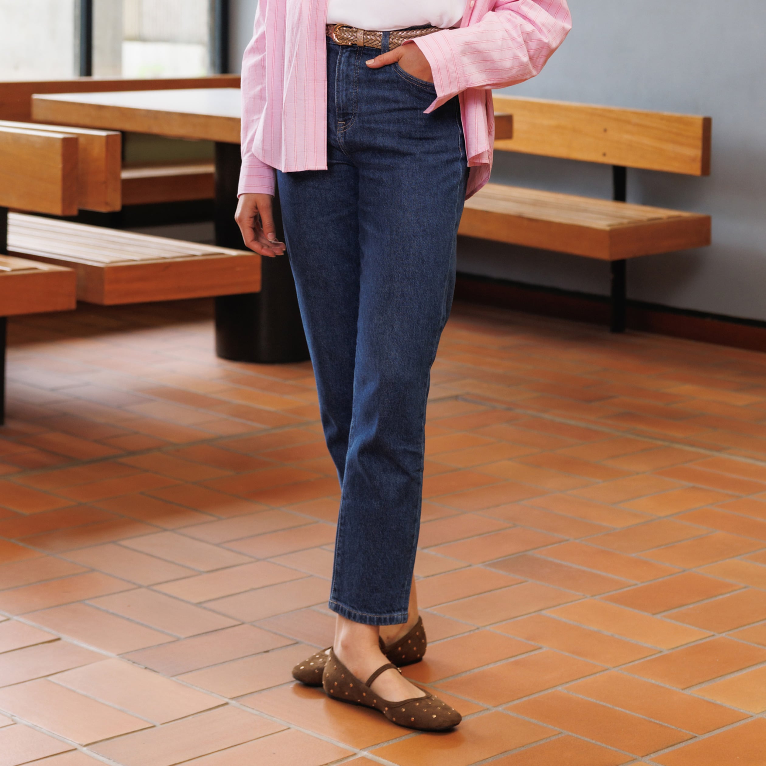 Jeans mom 7/8&egrave;me bleu femme