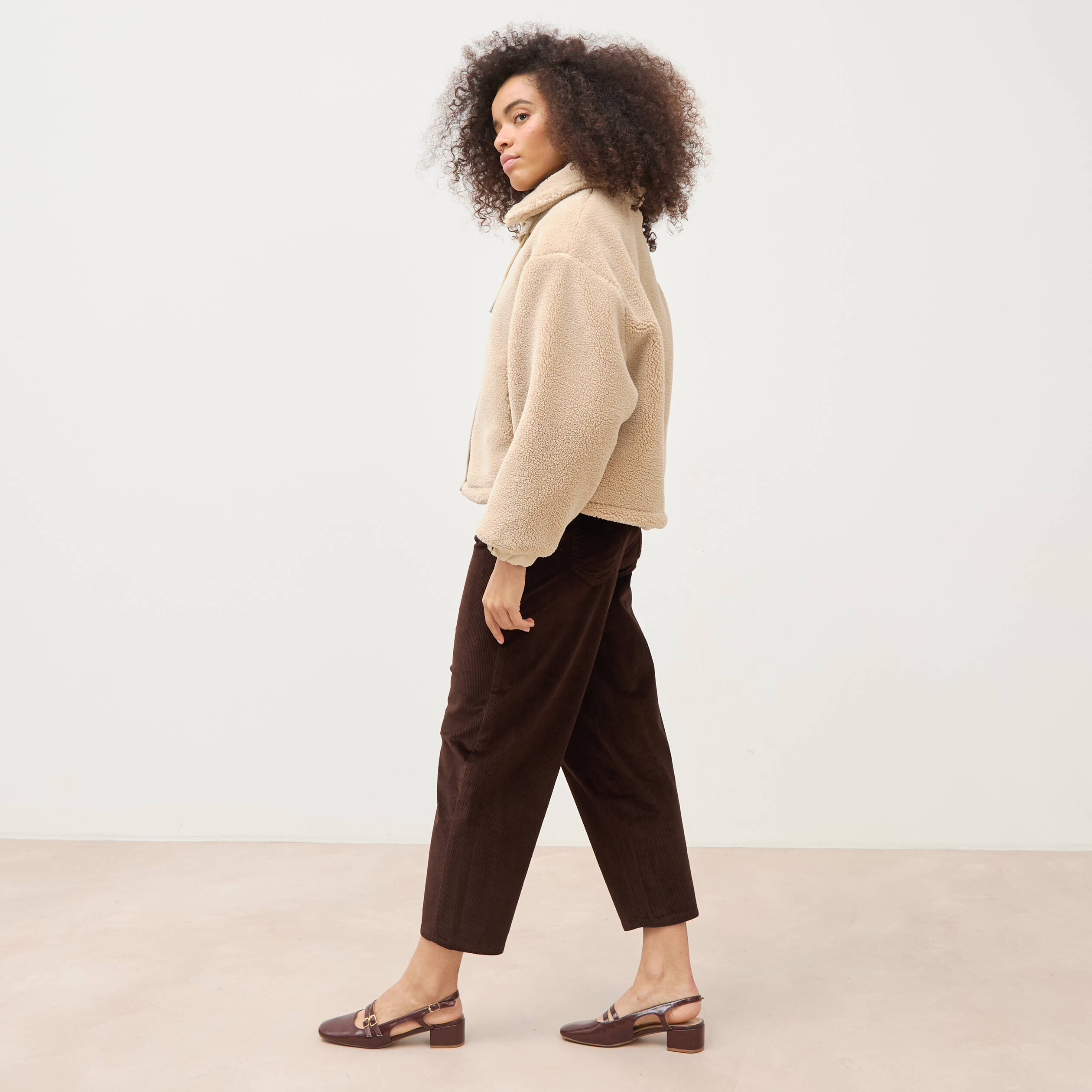 Veste oversize effet polaire col montant creme femme