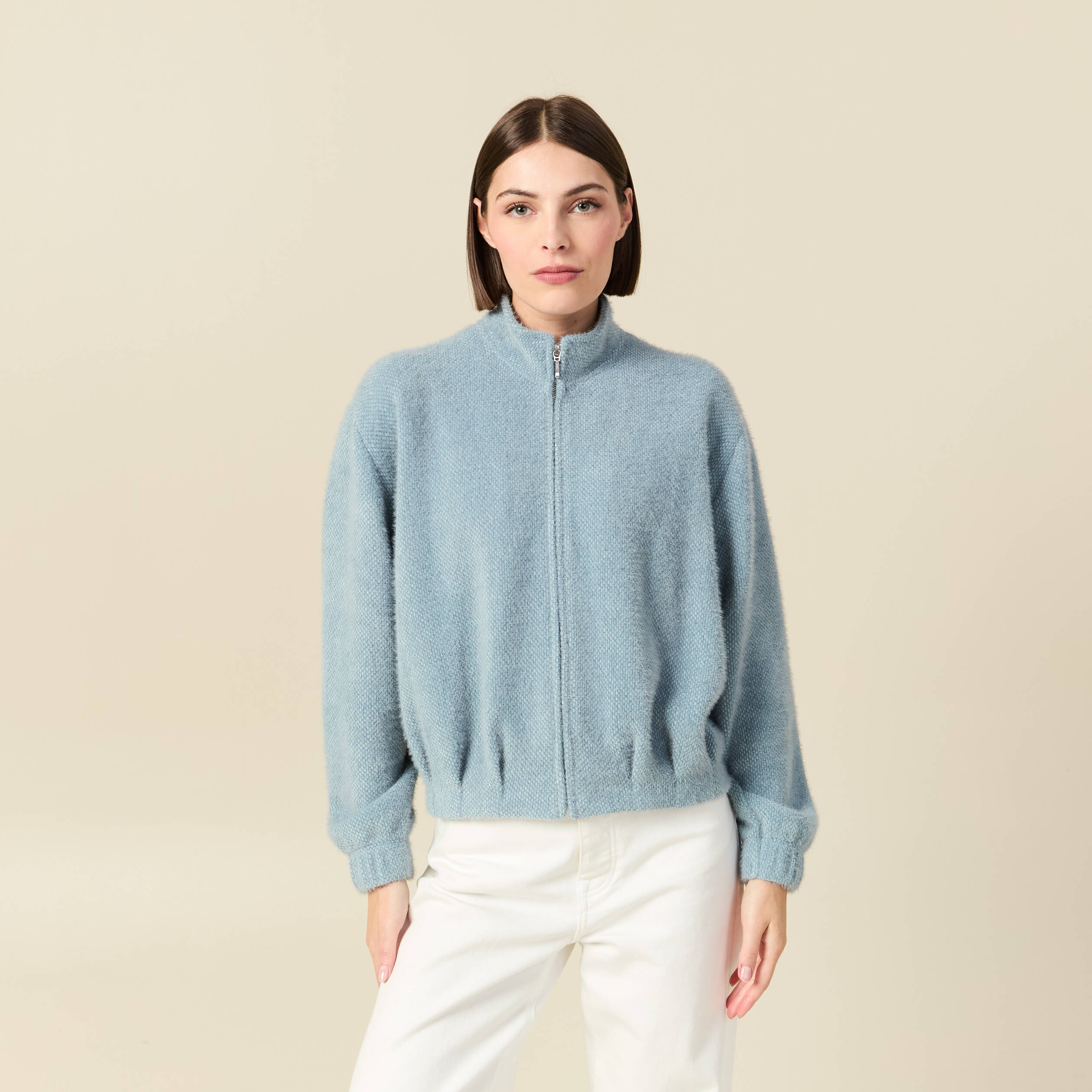 Gilet zipp&eacute; manches longues gris femme