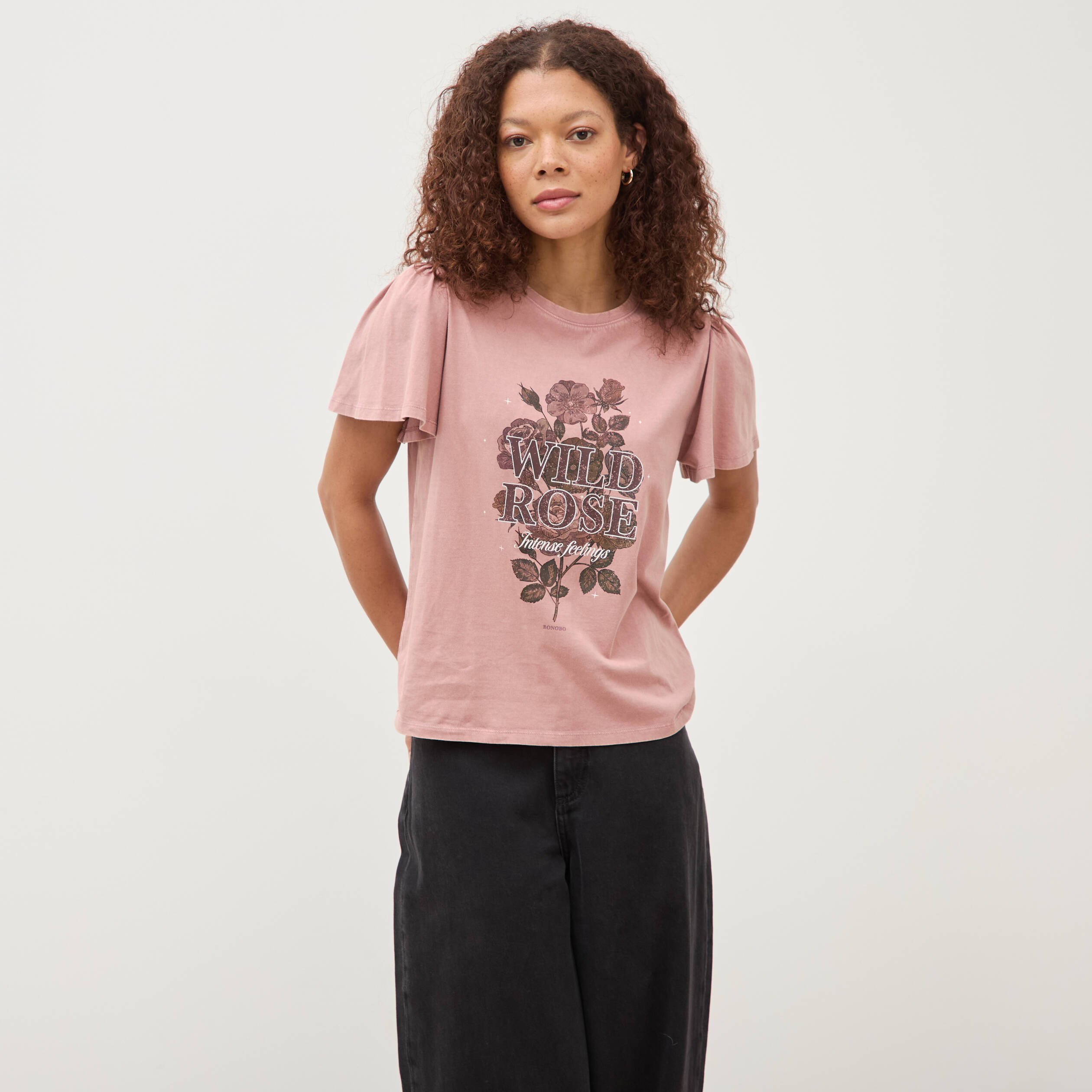 T-shirt col rond manches courtes vieux rose femme