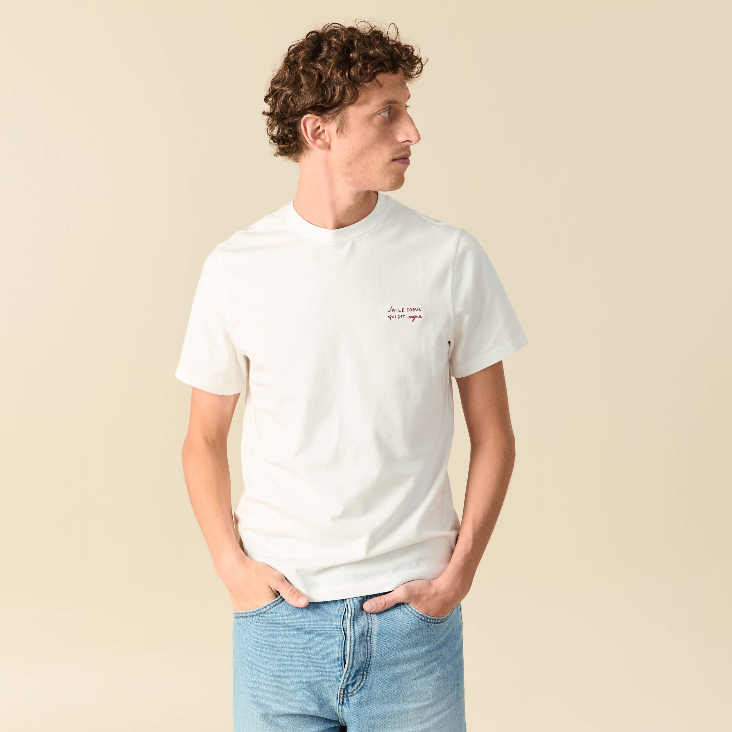 T-shirt col rond manches courtes brod&eacute; ecru homme
