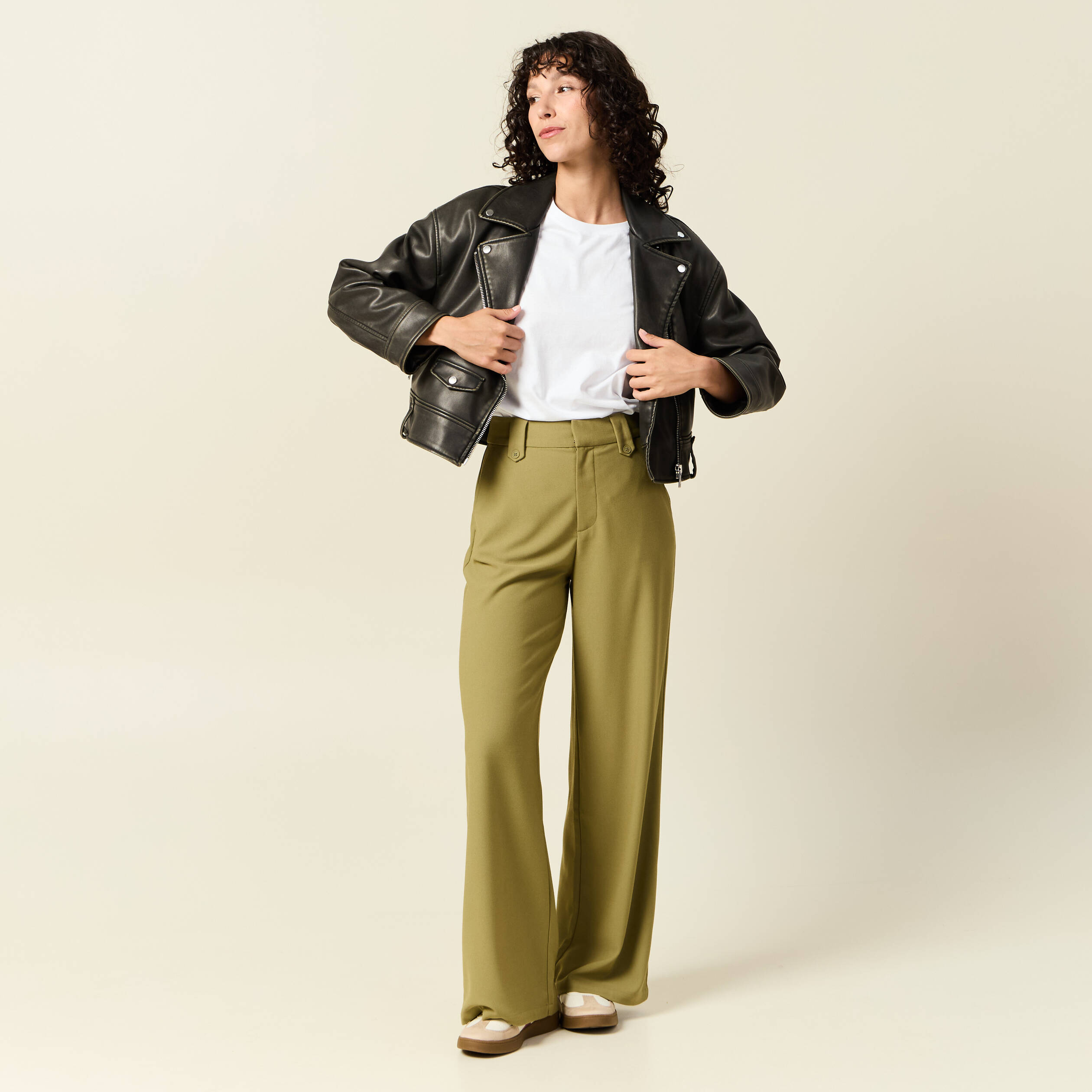 Pantalon large taille haute vert kaki femme Vibs