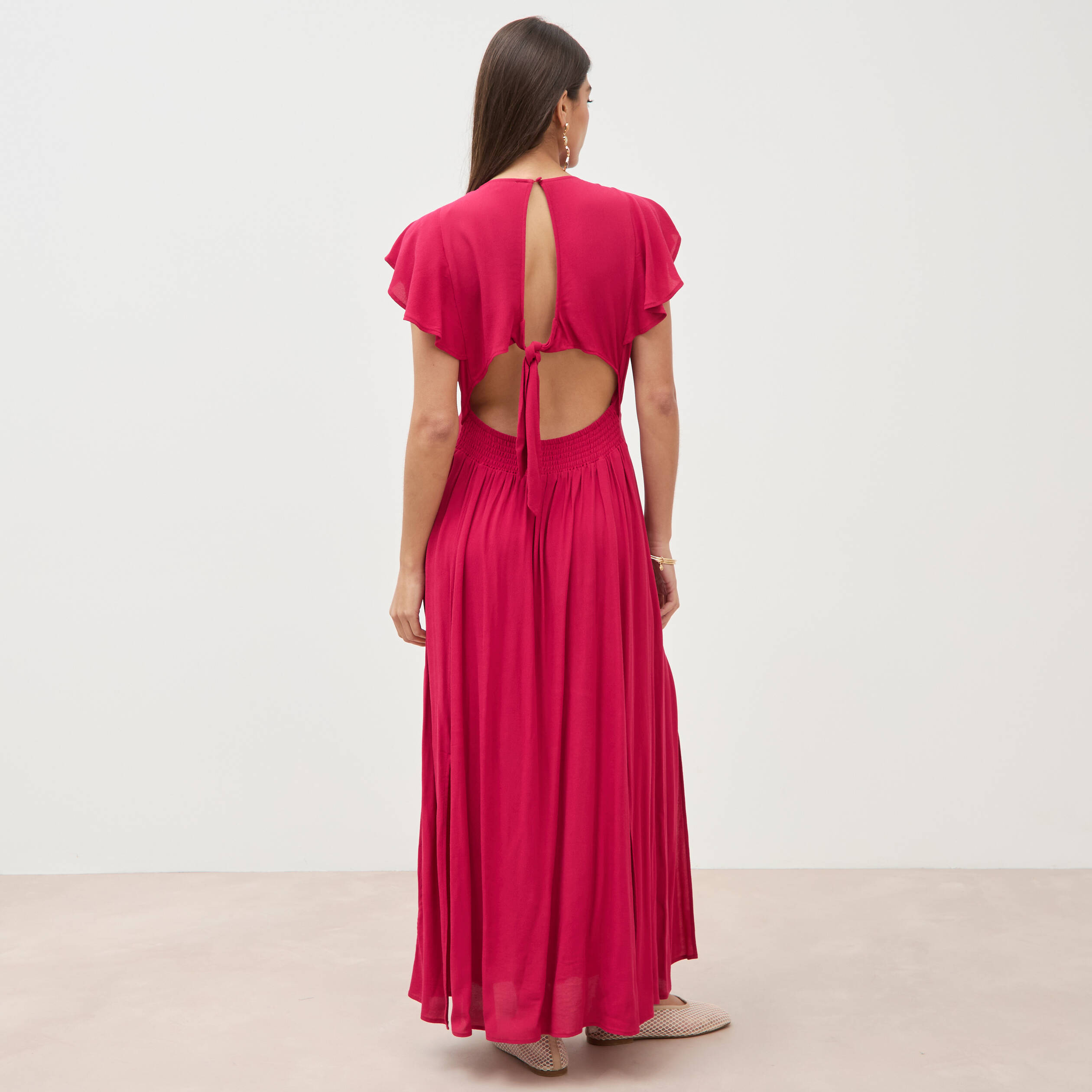 Robe fluide col v manches courtes rouge clair femme
