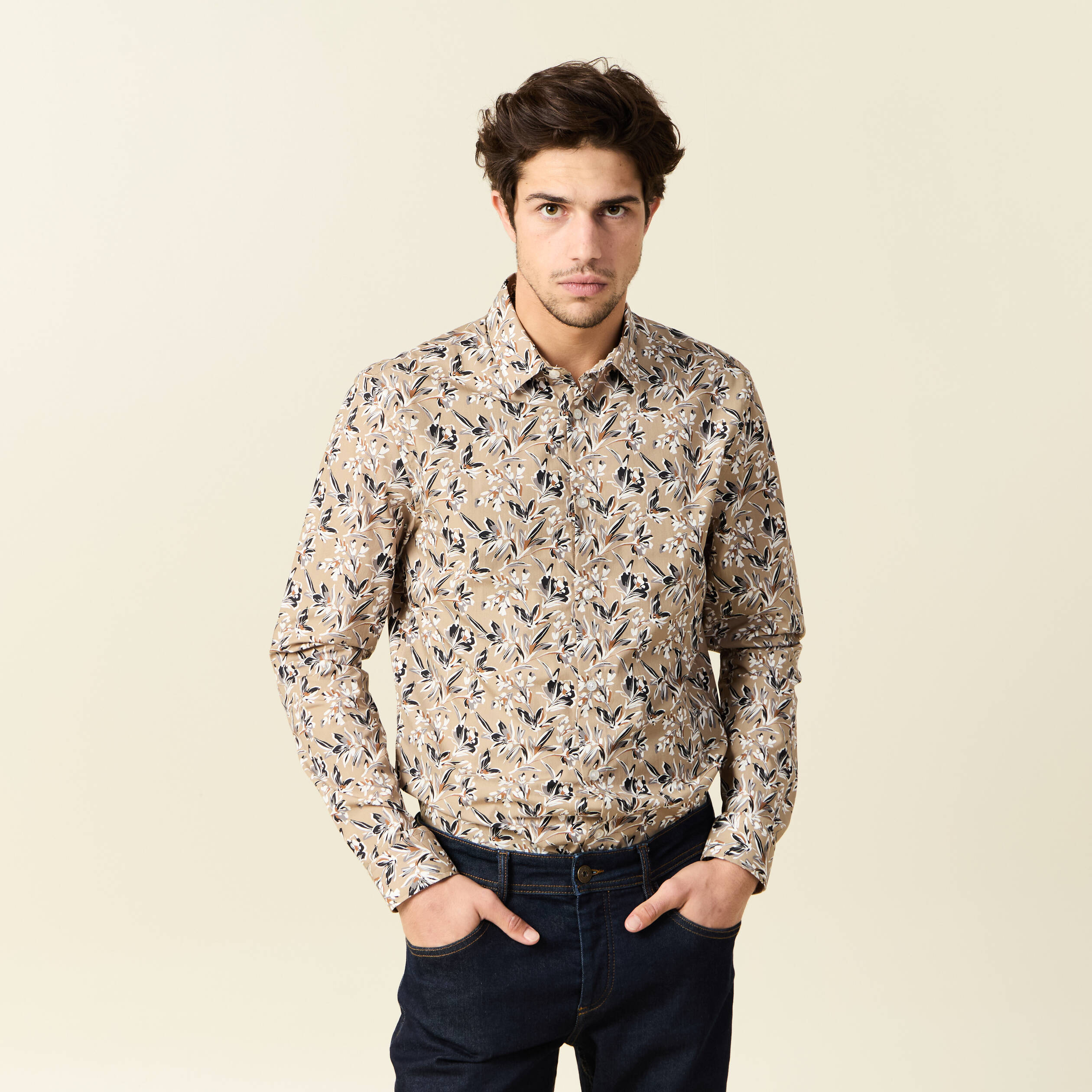 chemise a manches longues beige homme Chemise à manches longues beige homme