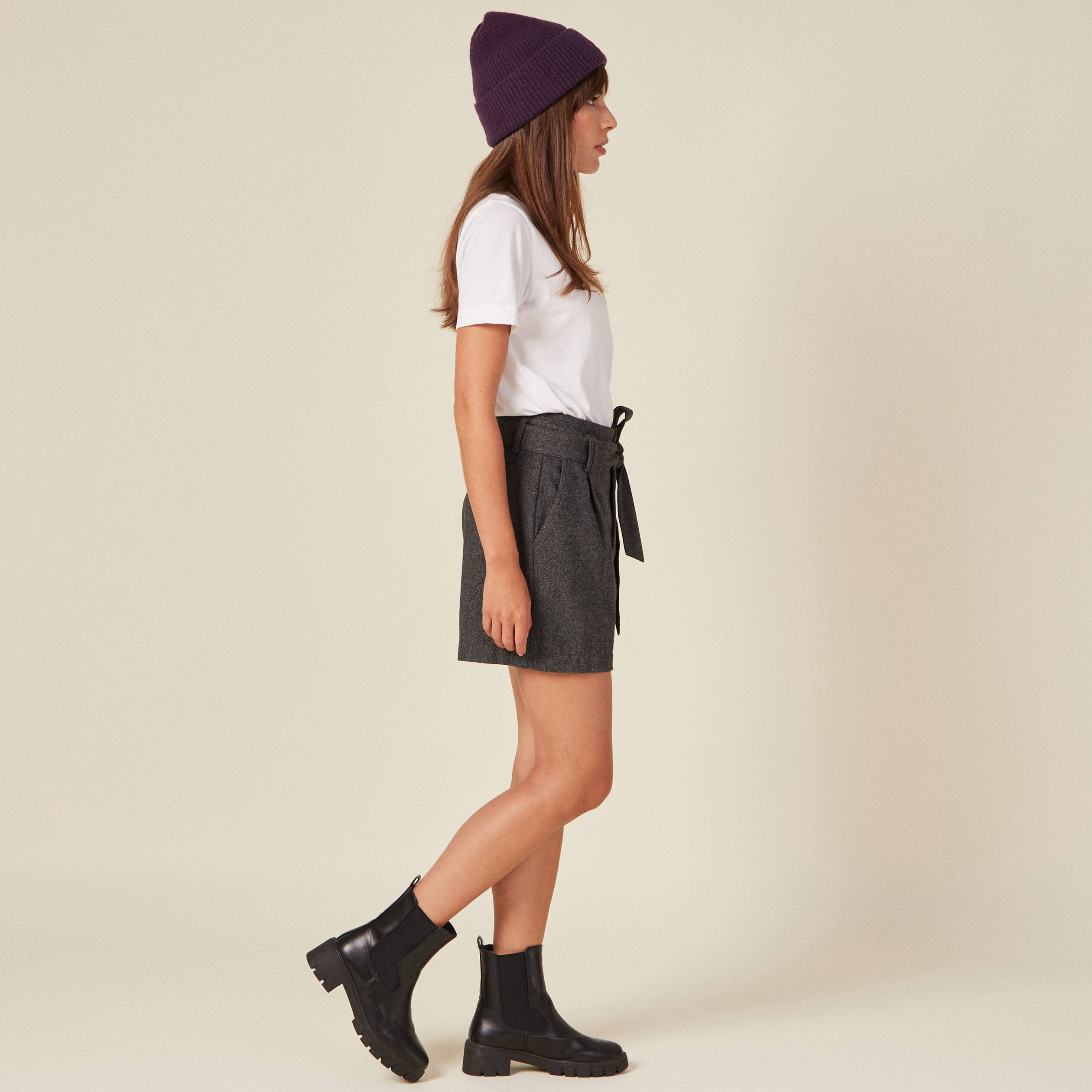 short paperbag taille haute gris fonce femme Short paperbag taille haute gris foncé femme