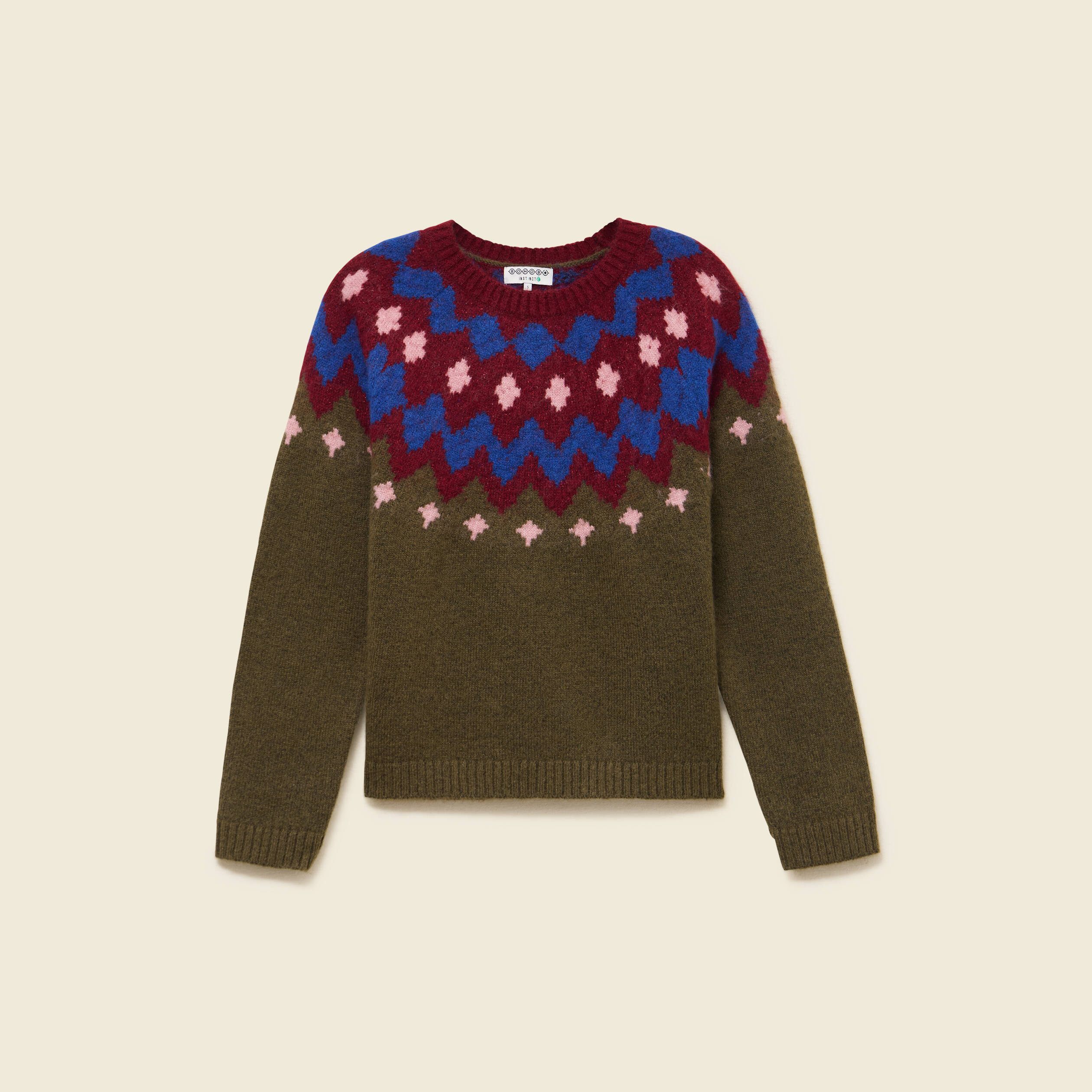 Pull col rond manches longues vert kaki femme
