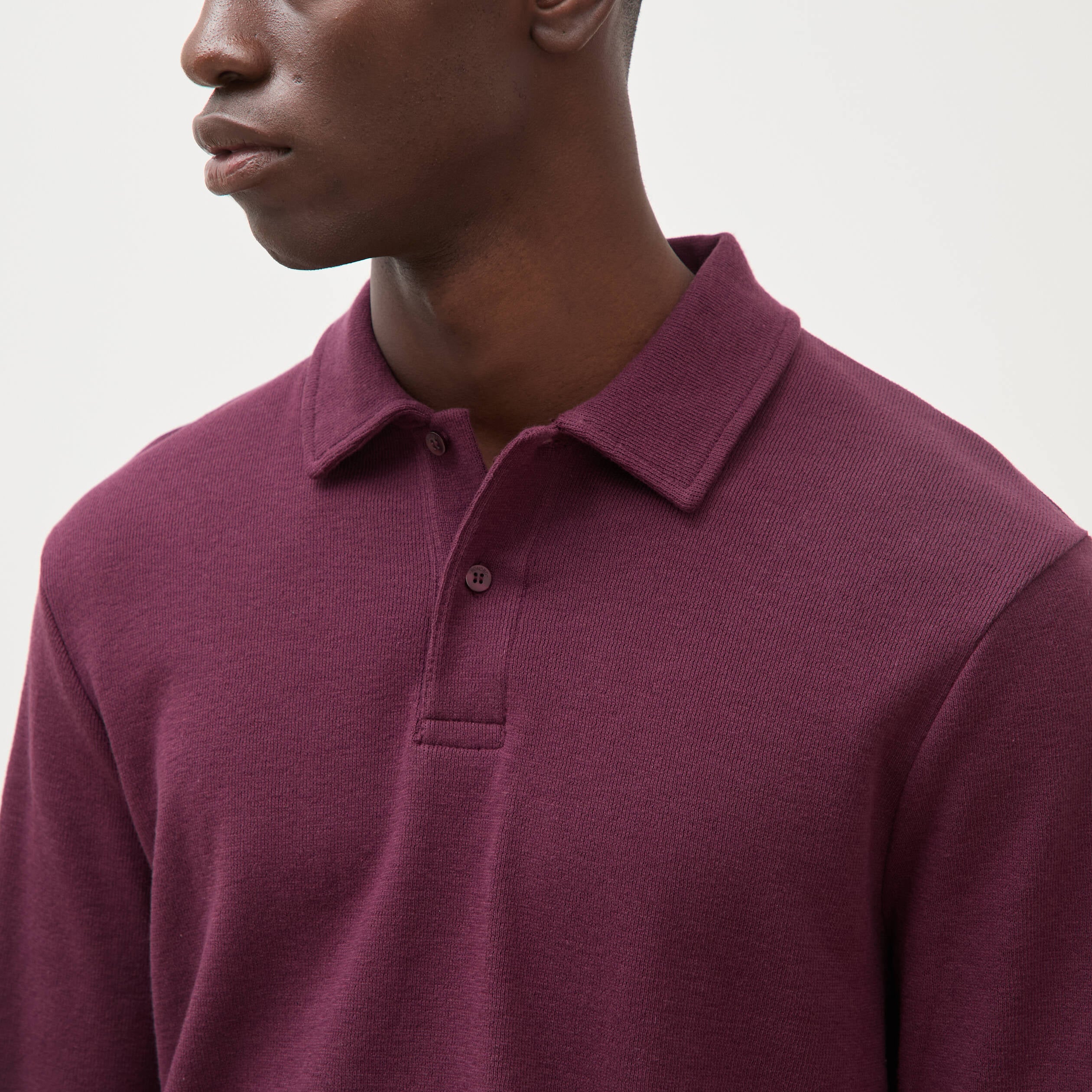 Polo droit manches longues en coton prune homme
