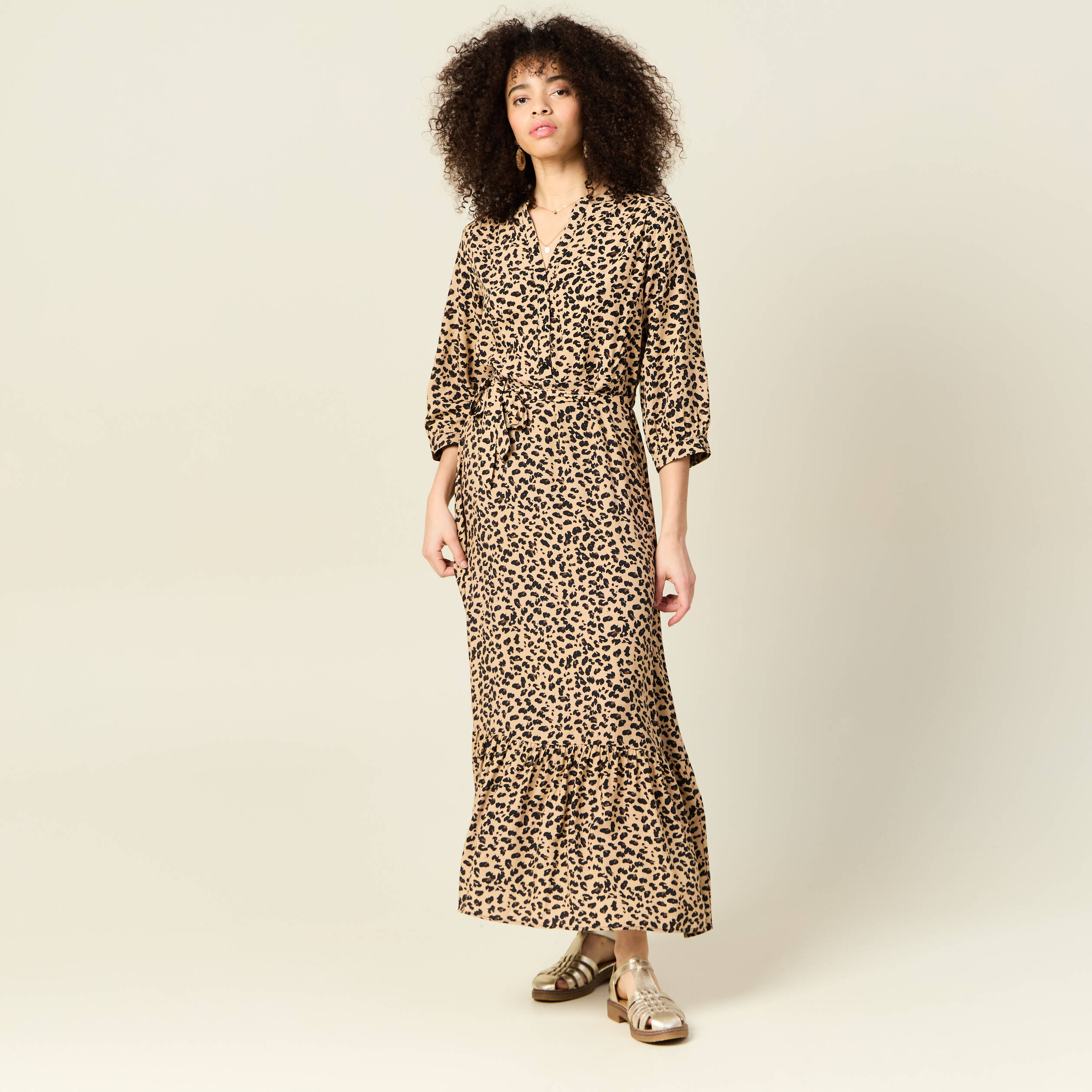 Robe longue droite manches 3/4 marron clair femme