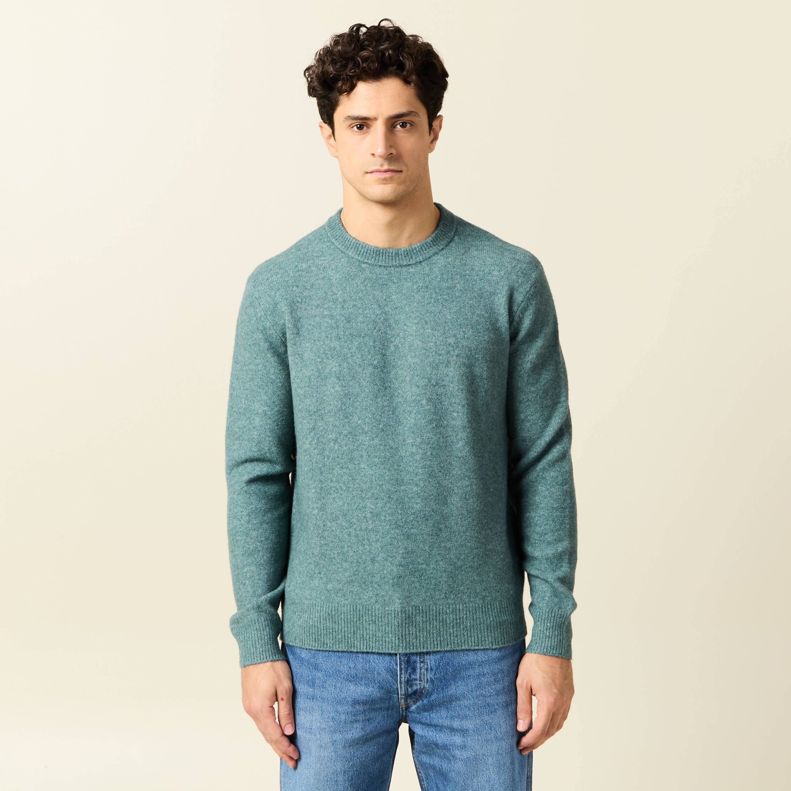 Pull manches longues col rond vert fonc&eacute; homme