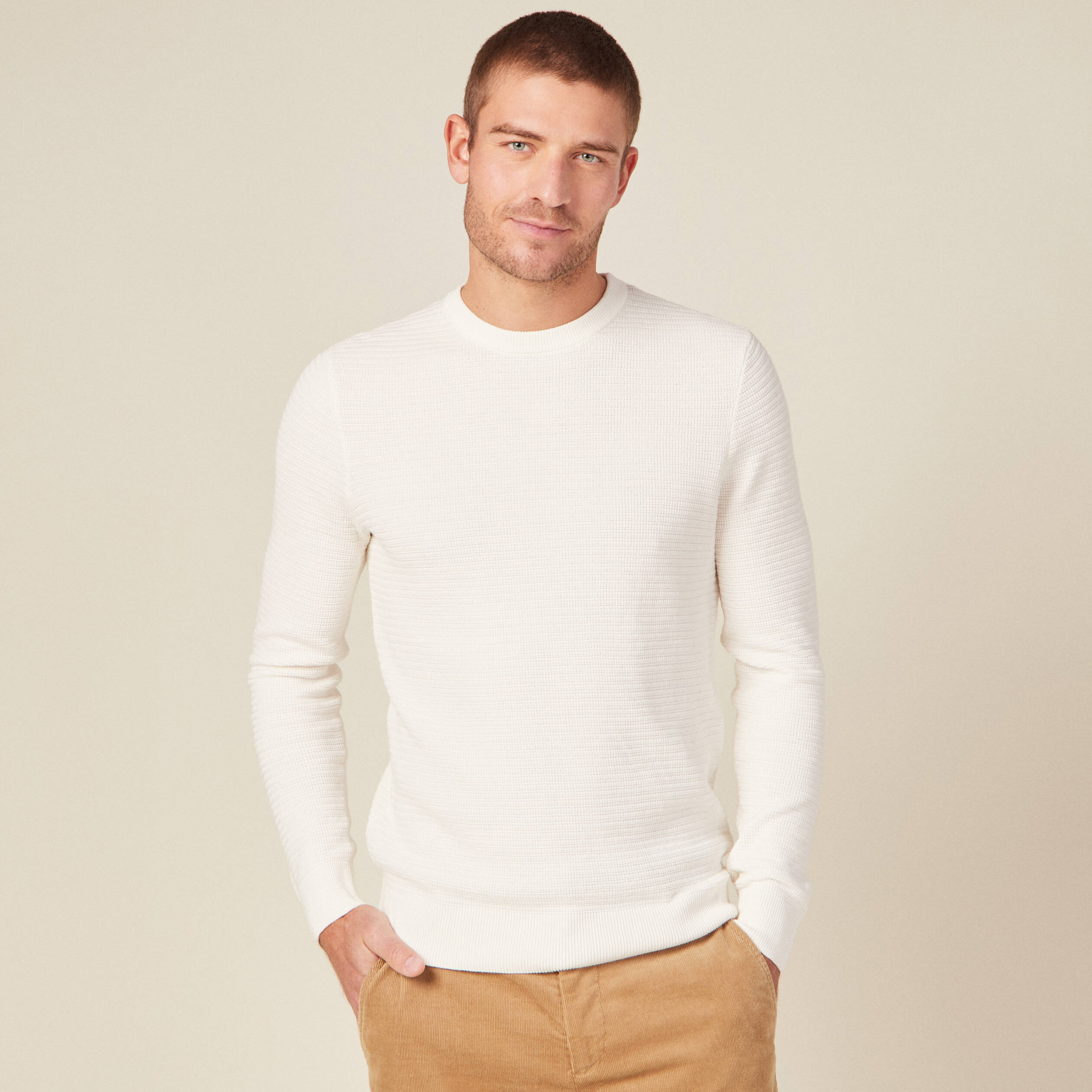 Pull manches longues col rond ecru homme