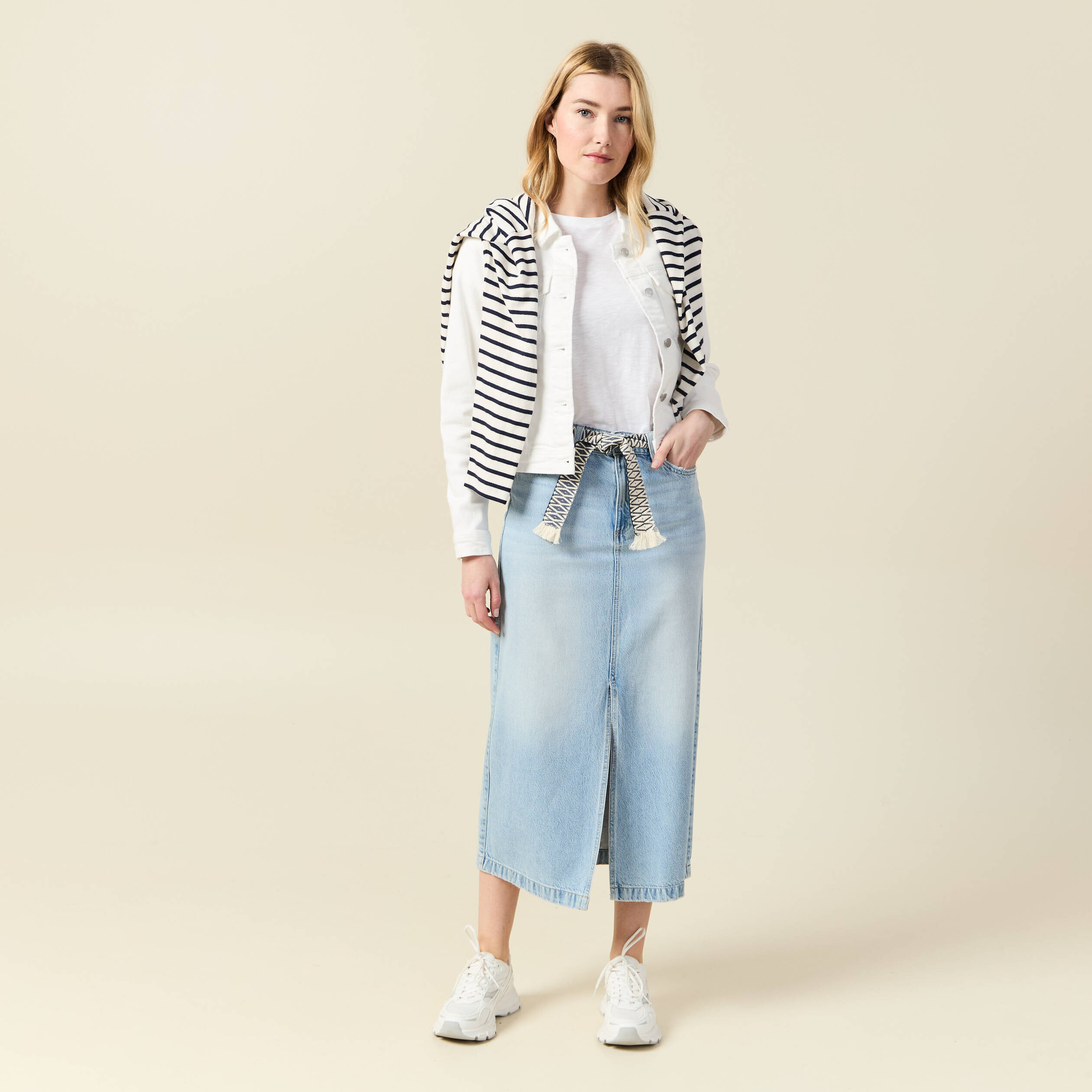 jupe longue droite en jean denim bleach femme Jupe longue droite en jean denim bleach femme