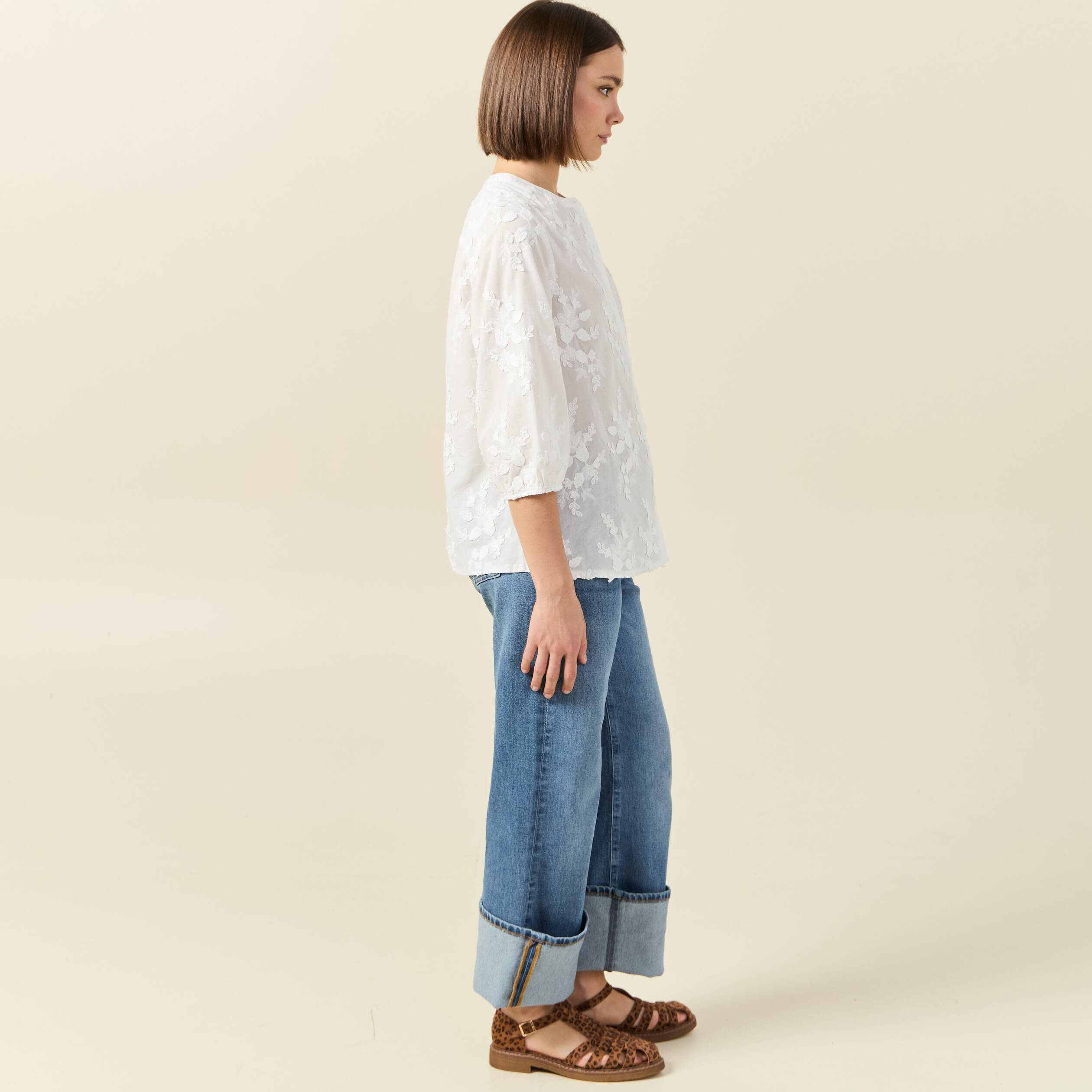 Chemise manches 3/4 brod&eacute;e ecru femme