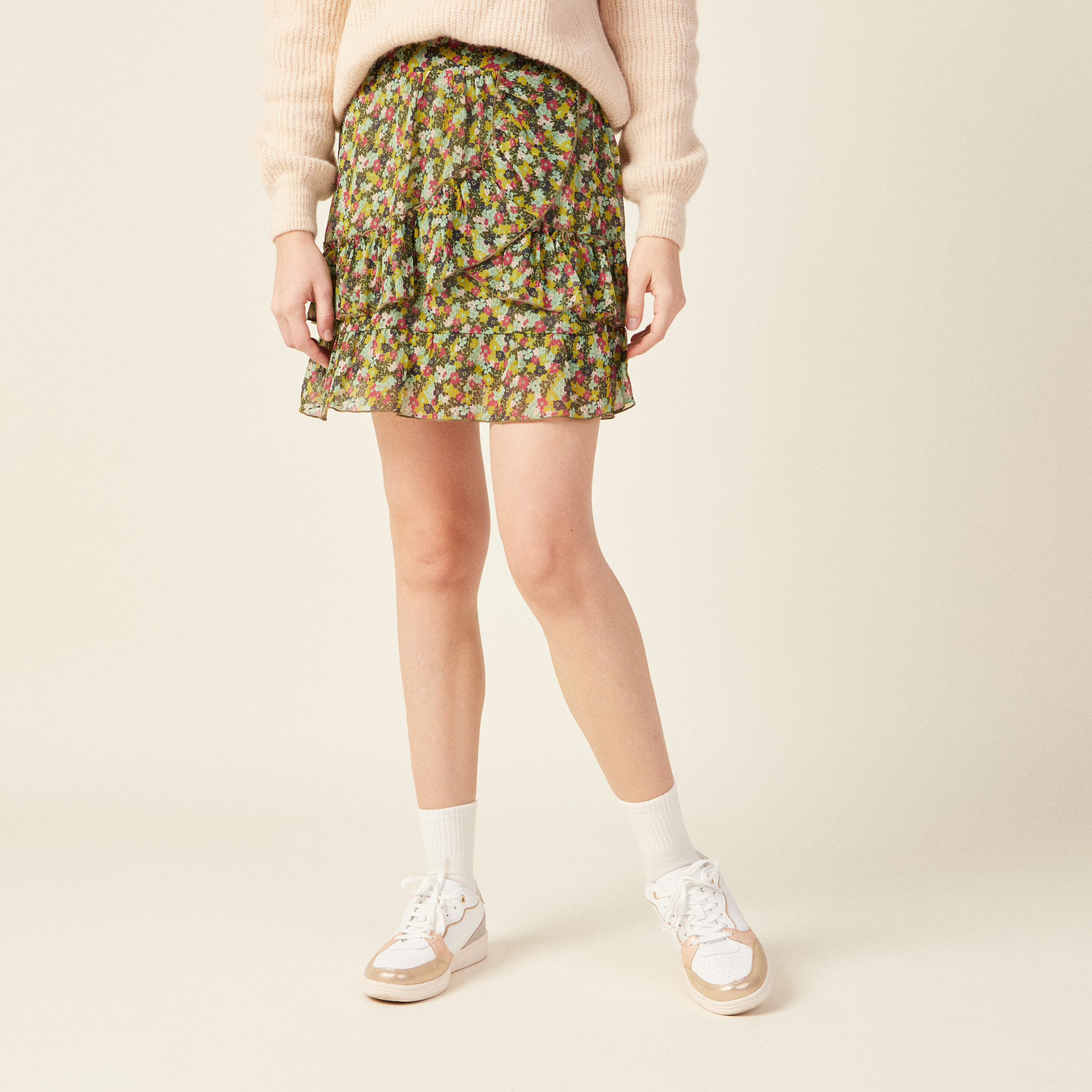 Jupe droite volantée vert kaki femme