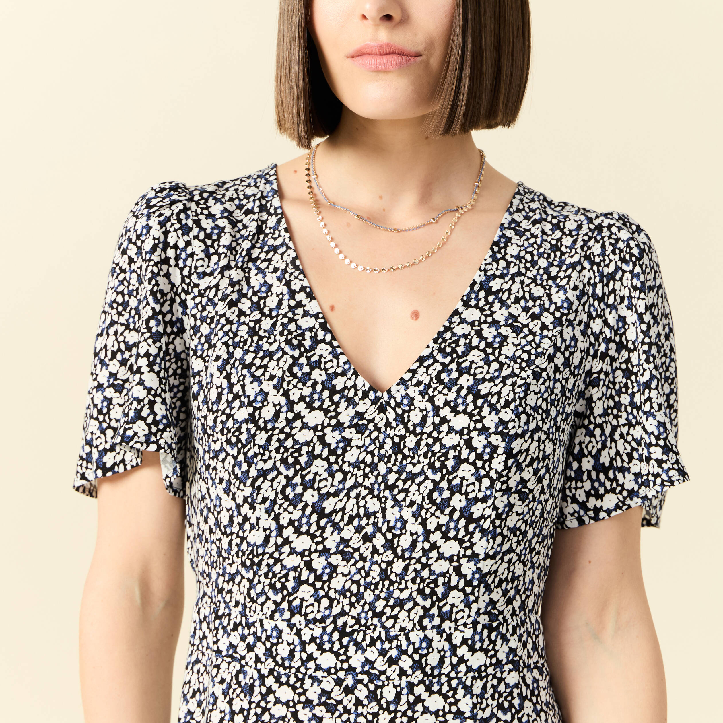 Robe longue droite col v manches courtes bleu femme
