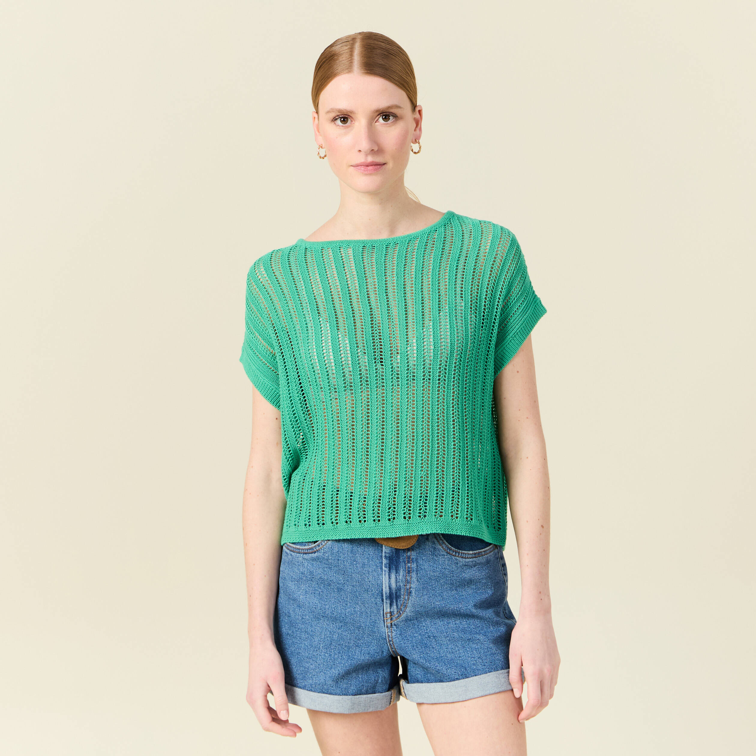 Pull oversize ajour&eacute; col bateau vert menthe femme