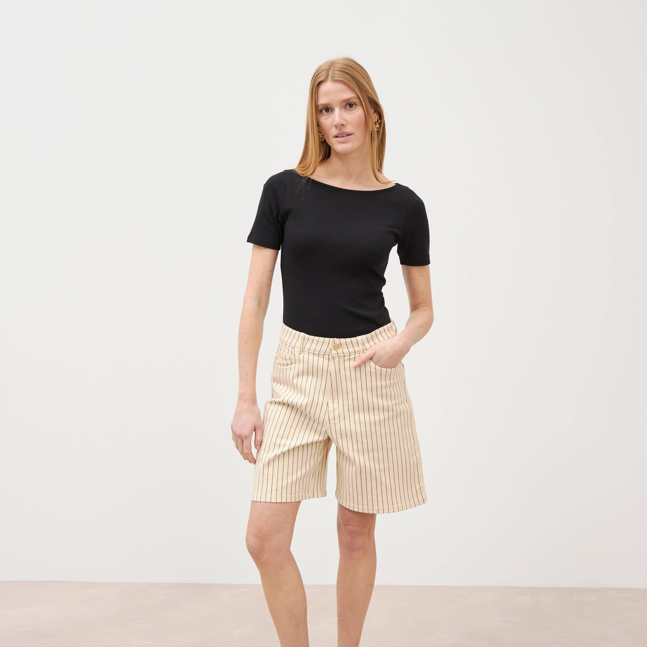 Bermuda large taille haute en jeans denim blanc femme