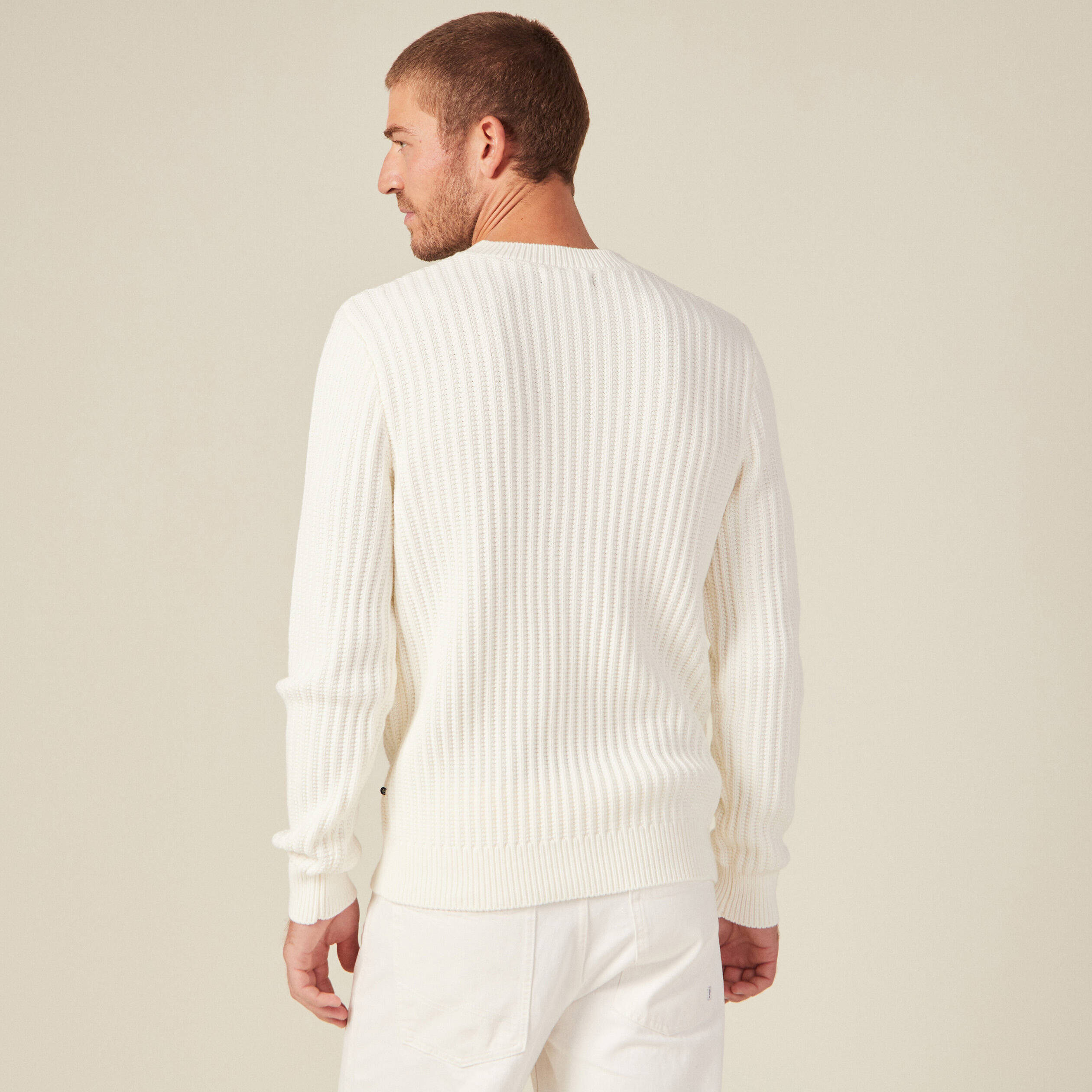 Pull manches longues col rond ecru homme