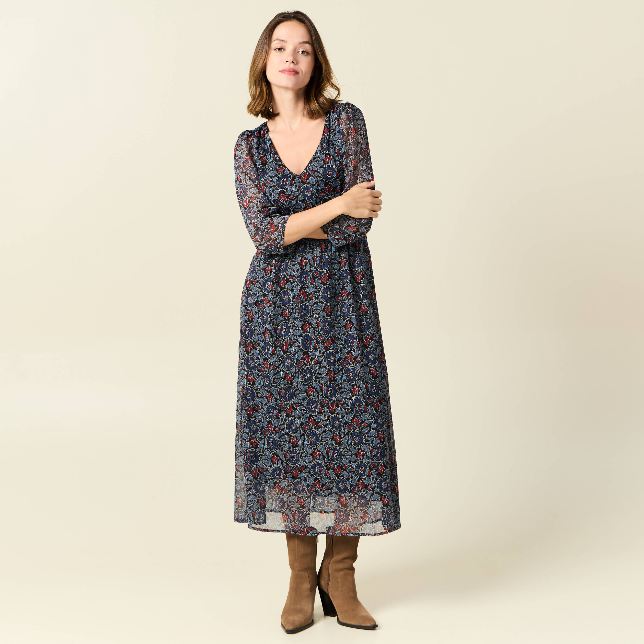 robe longue evasee col en v noir femme Robe longue évasée col en V noir femme
