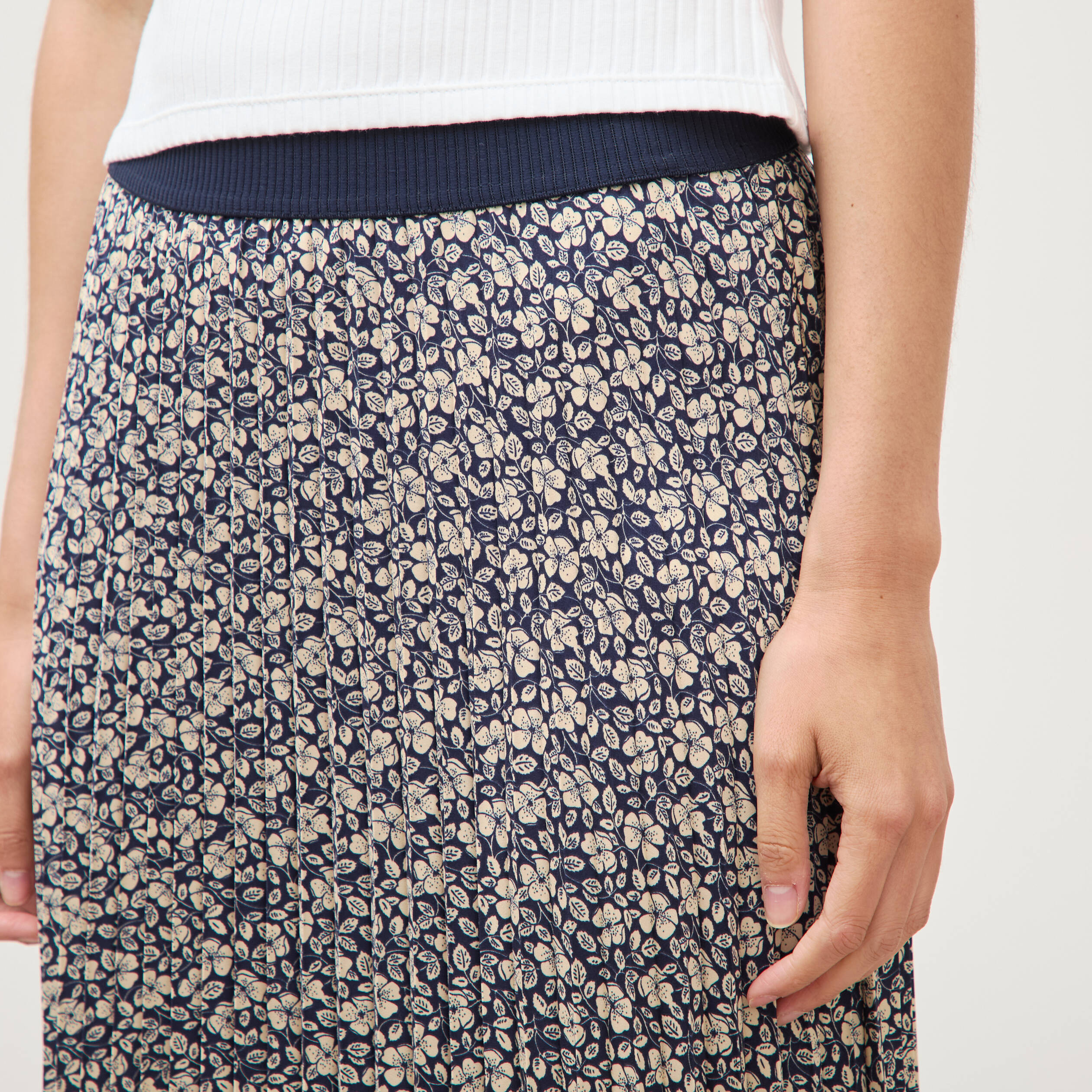 Jupe longue droite pliss&eacute;e bleu marine femme