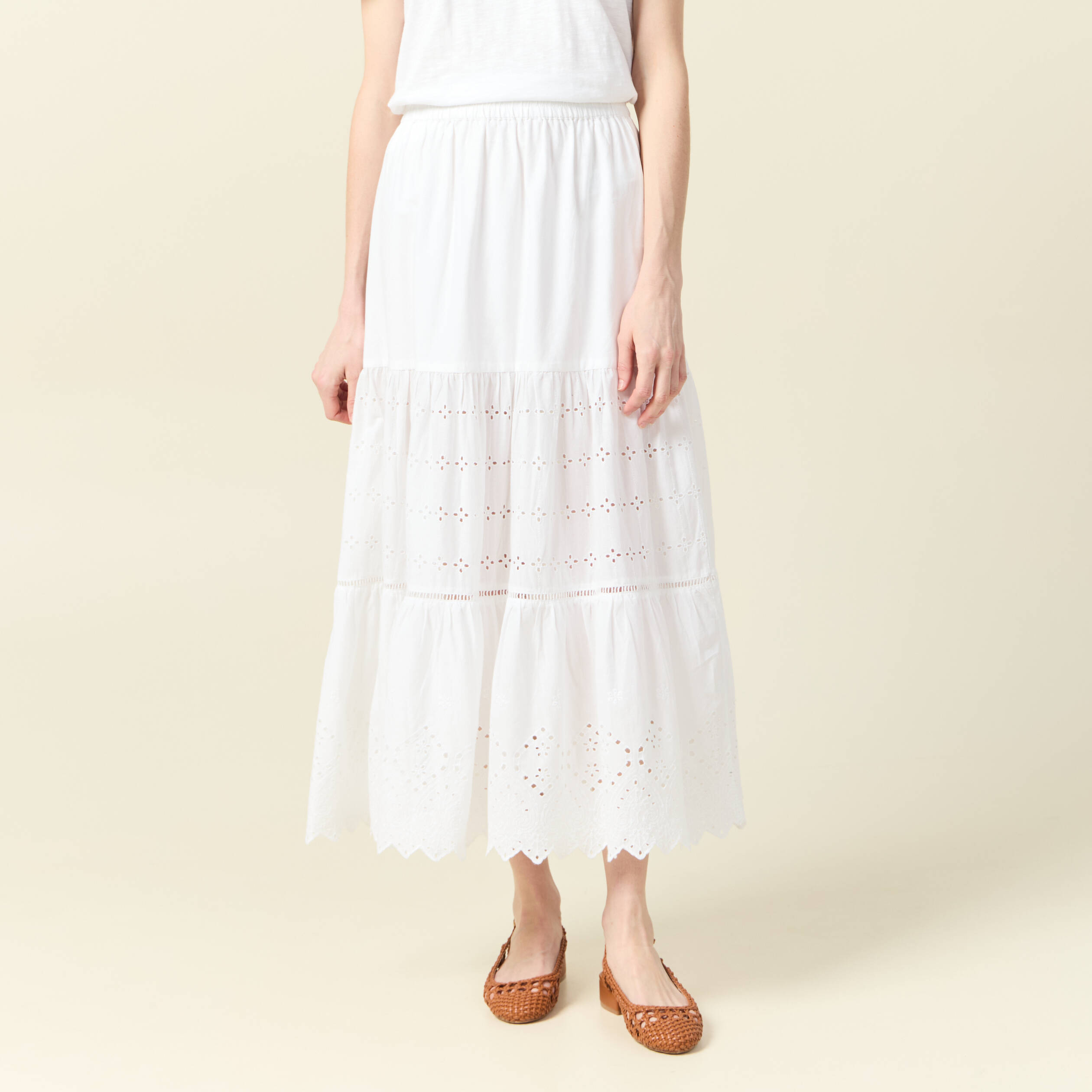 jupe longue droite brodee ecru femme Jupe longue droite brodée ecru femme