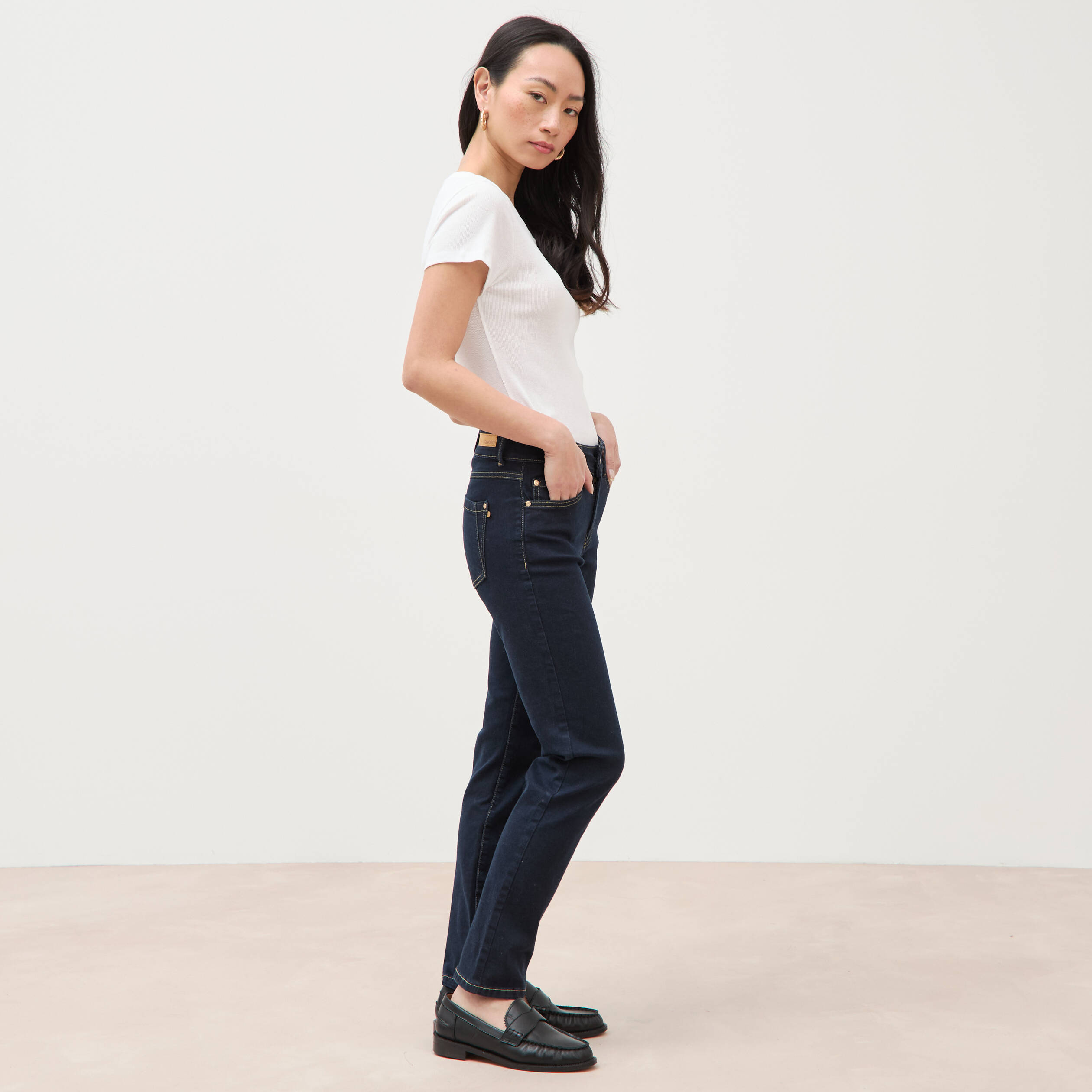 Jeans regular 7/8&egrave;me taille standard denim brut rinse femme