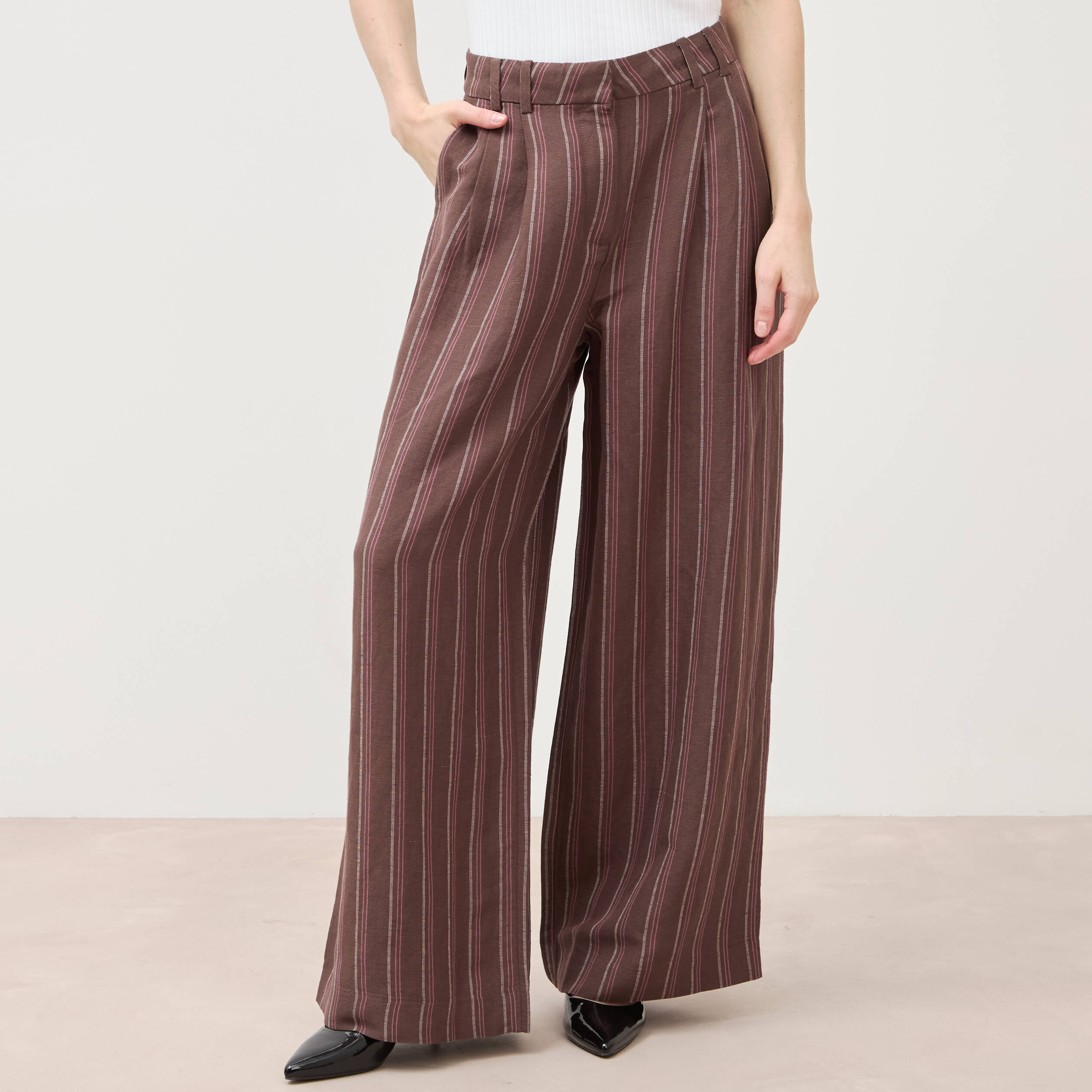 Pantalon large taille haute ray&eacute; marron chocolat femme