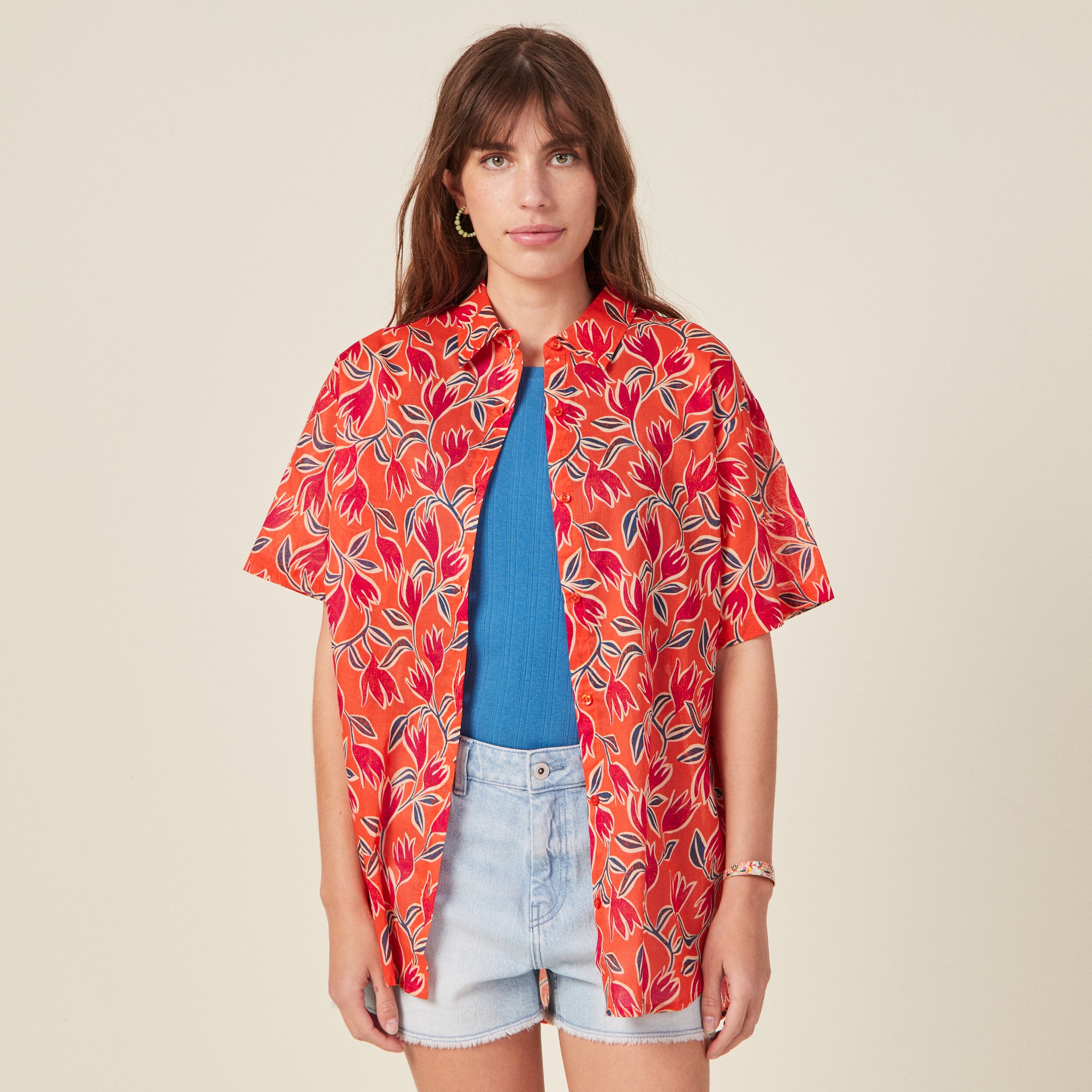 Chemise en coton manches courtes orange femme