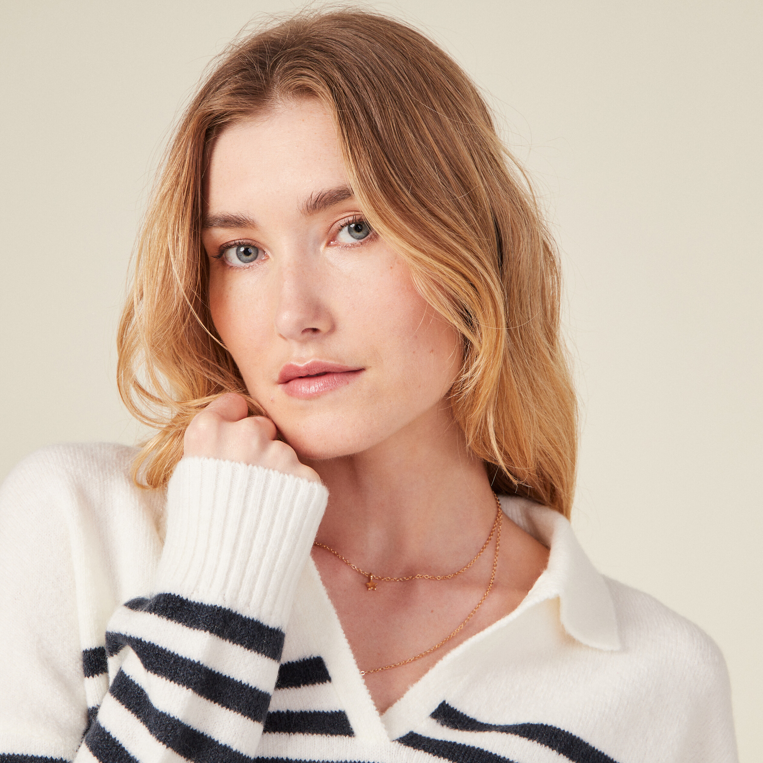 Pull col polo ecru femme