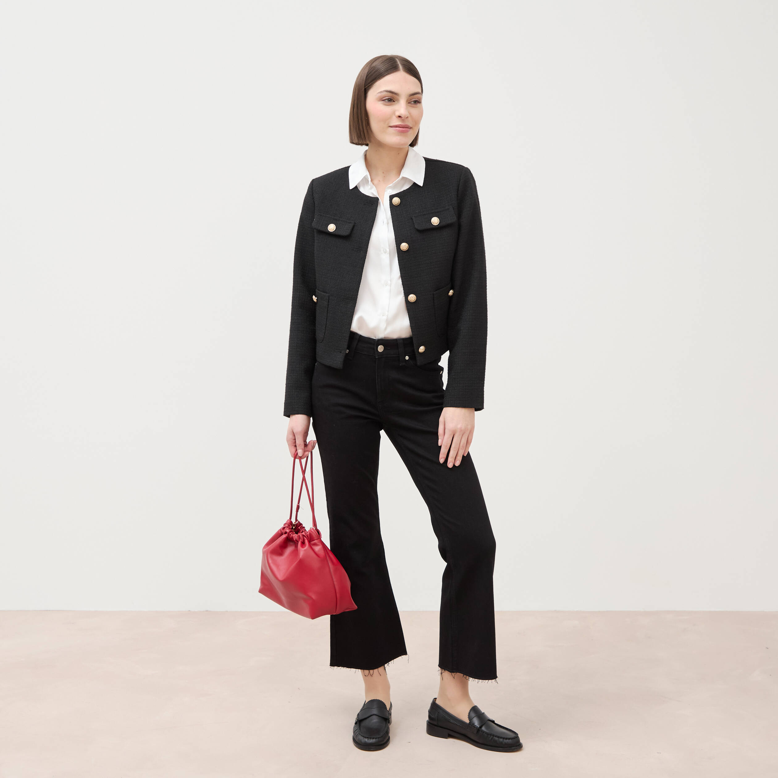 Jeans bootcut cropped taille bascul&eacute;e denim noir femme