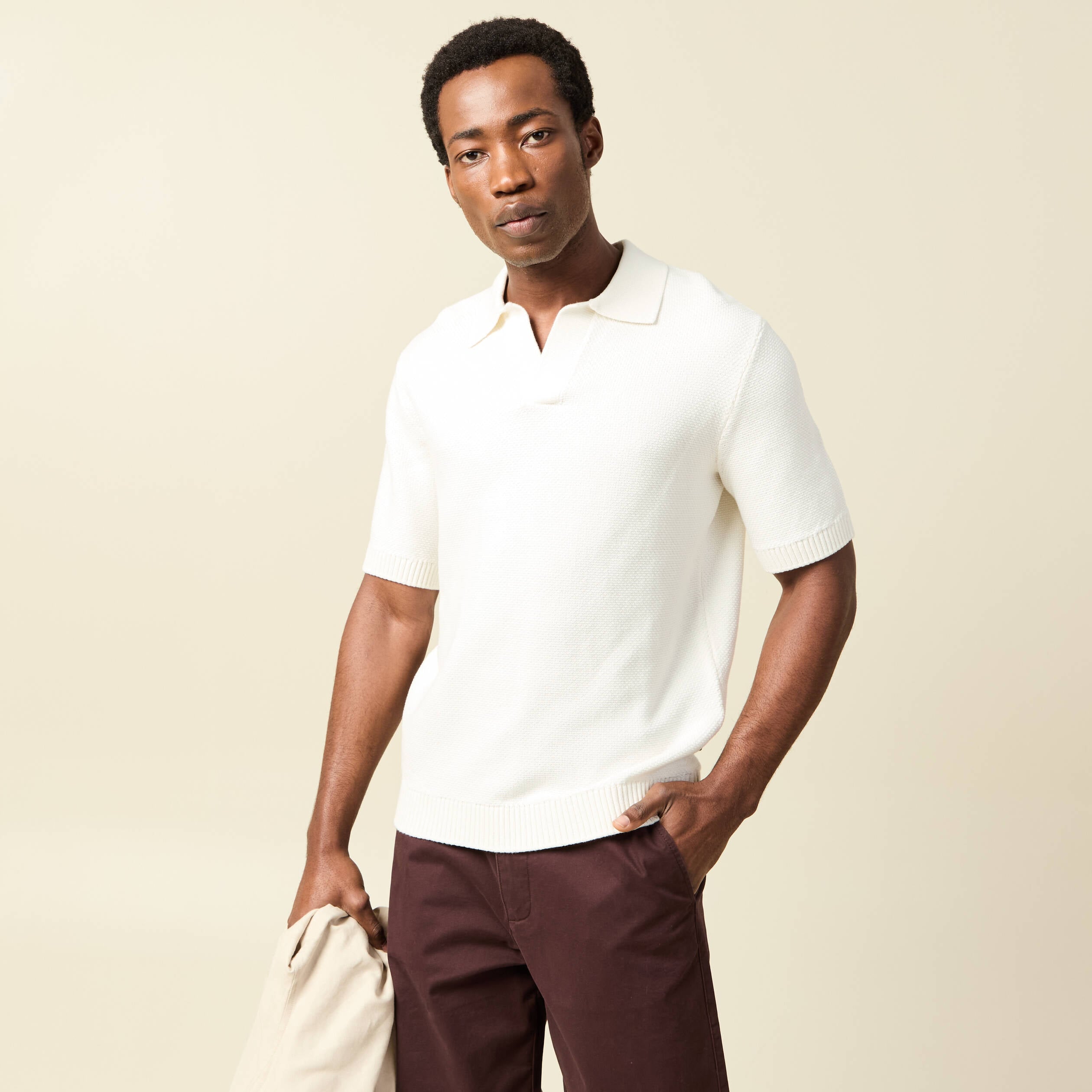 Polo ample col cubain manches courtes ecru homme