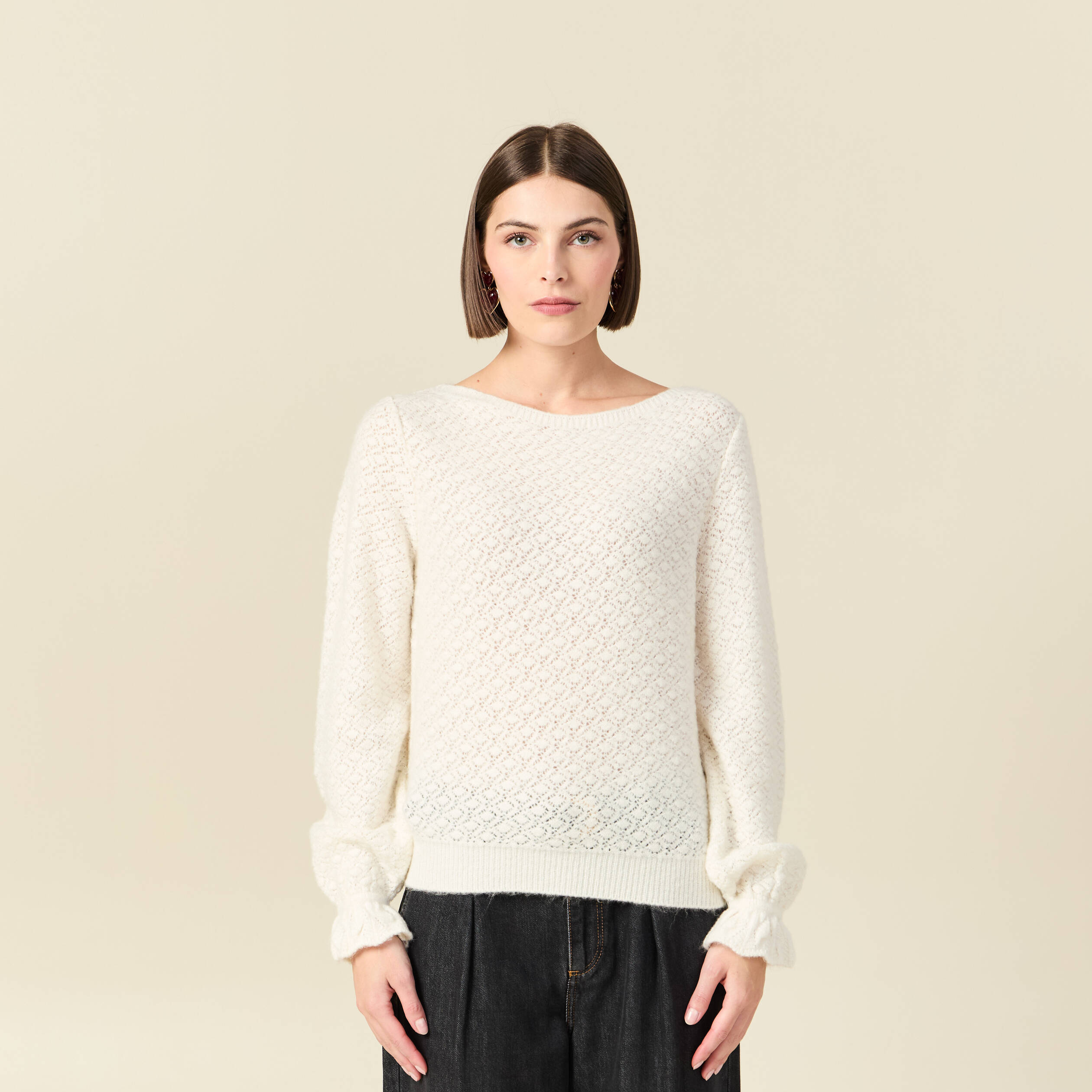Pull ajour&eacute; col bateau manches longues ecru femme