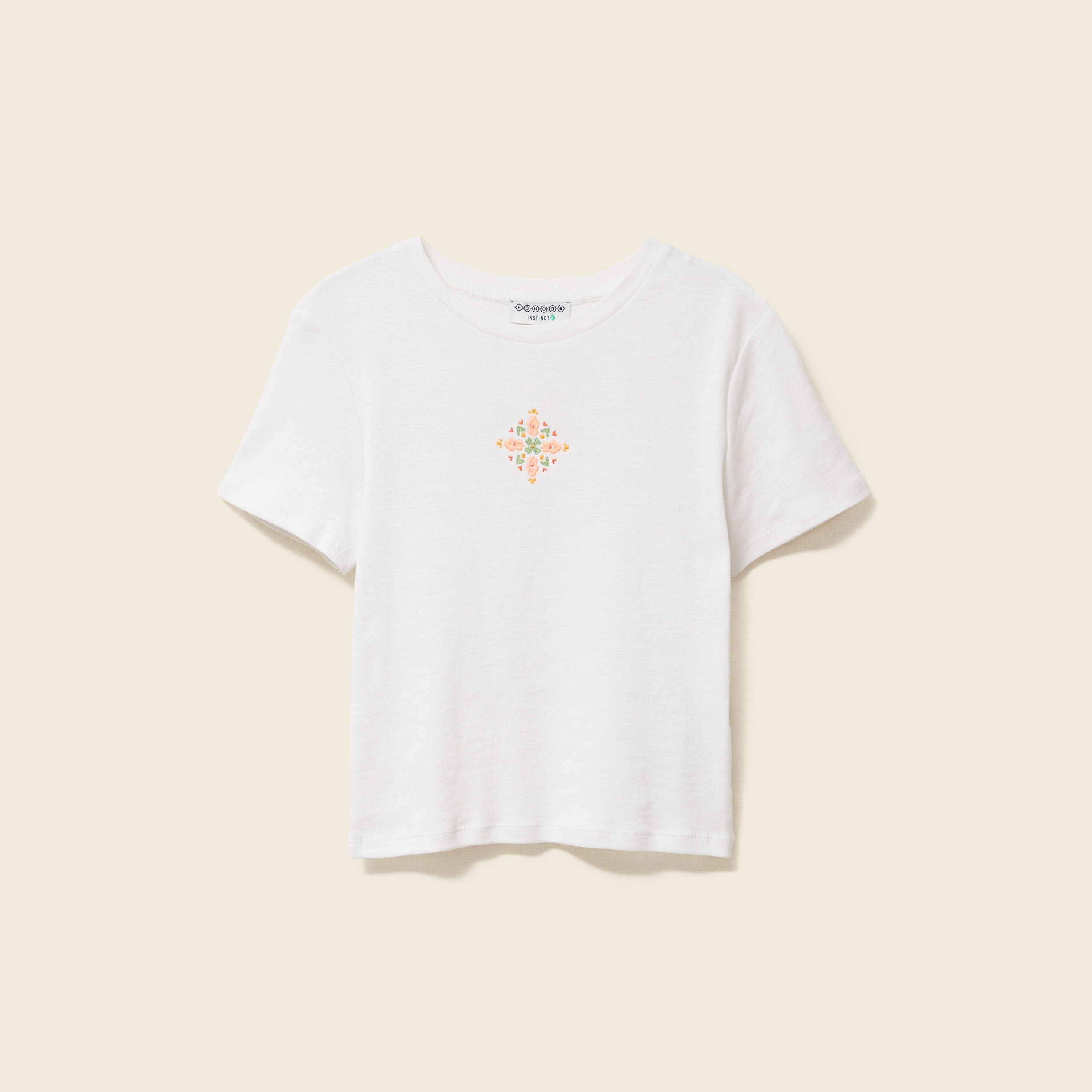 T-shirt ajust&eacute; cropped col rond ivoire femme