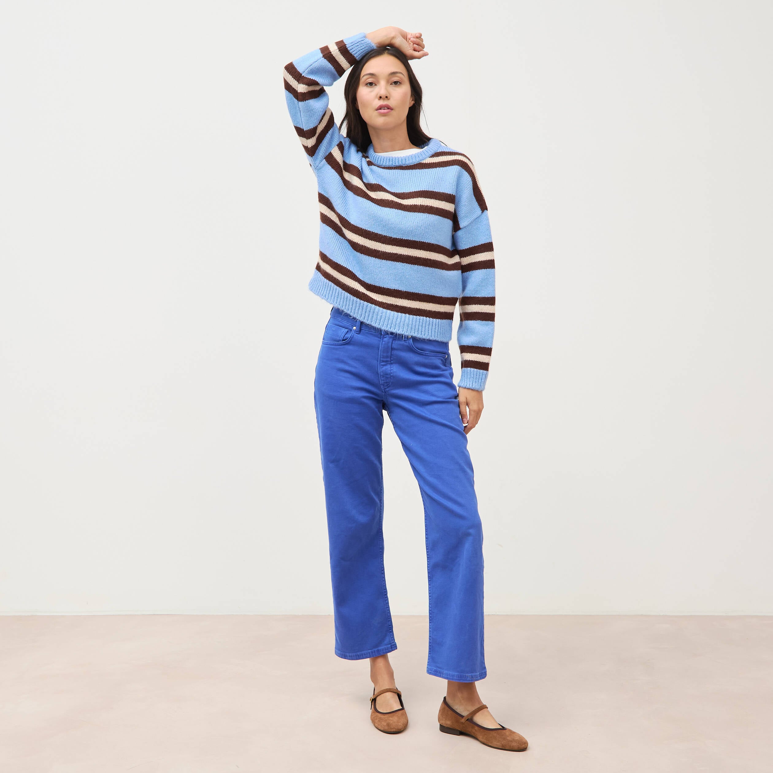 Pull droit manches longues col rond bleu femme
