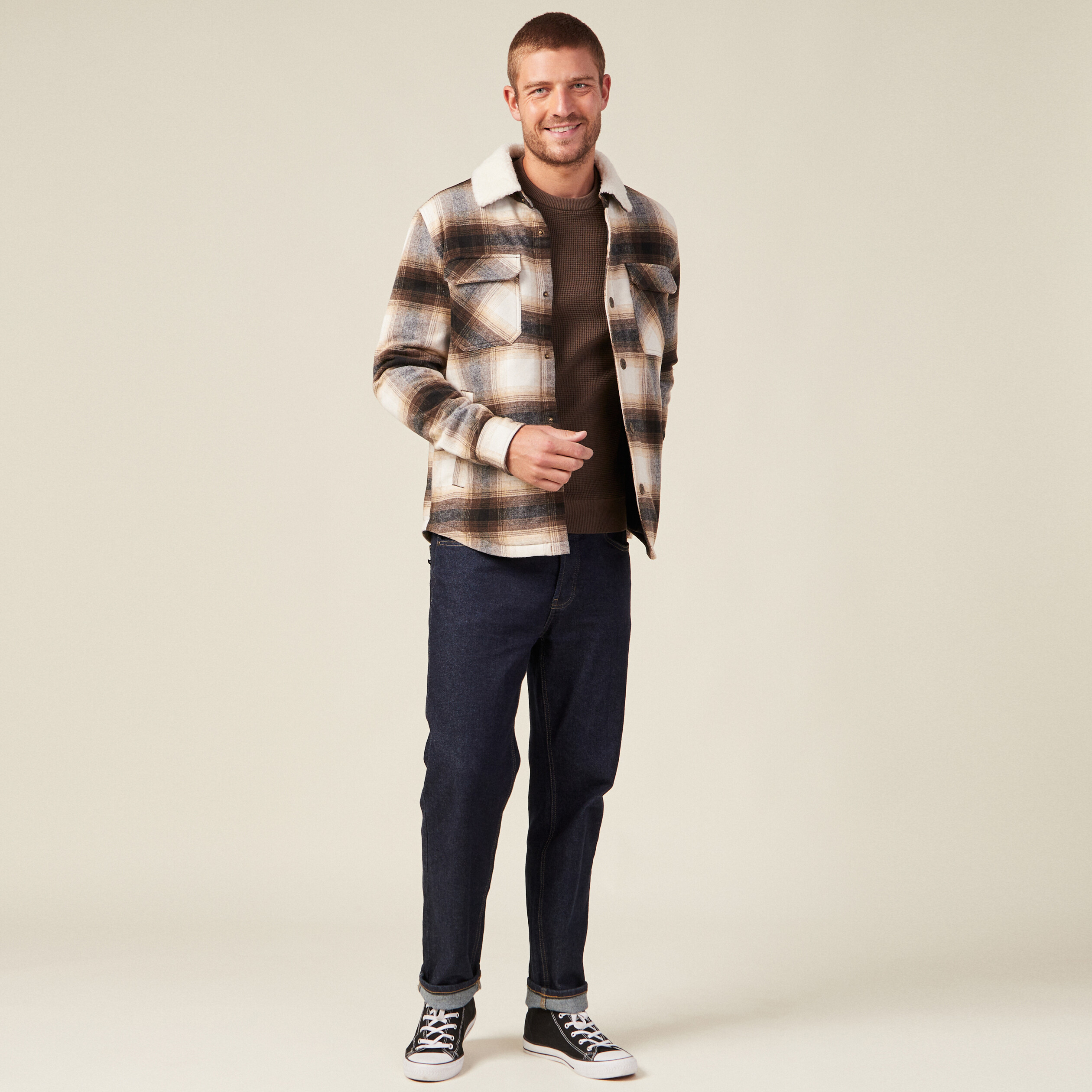 Pull manches longues col rond vert kaki homme