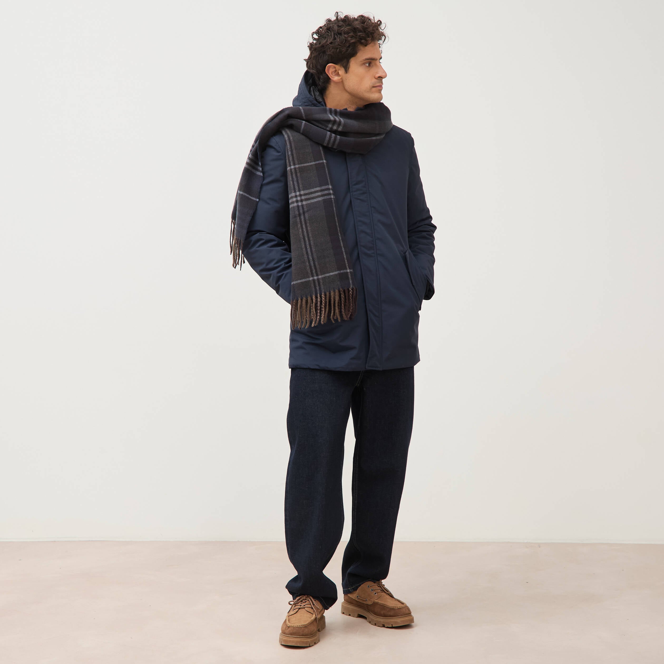 Parka longue droite &agrave; capuche bleu marine homme