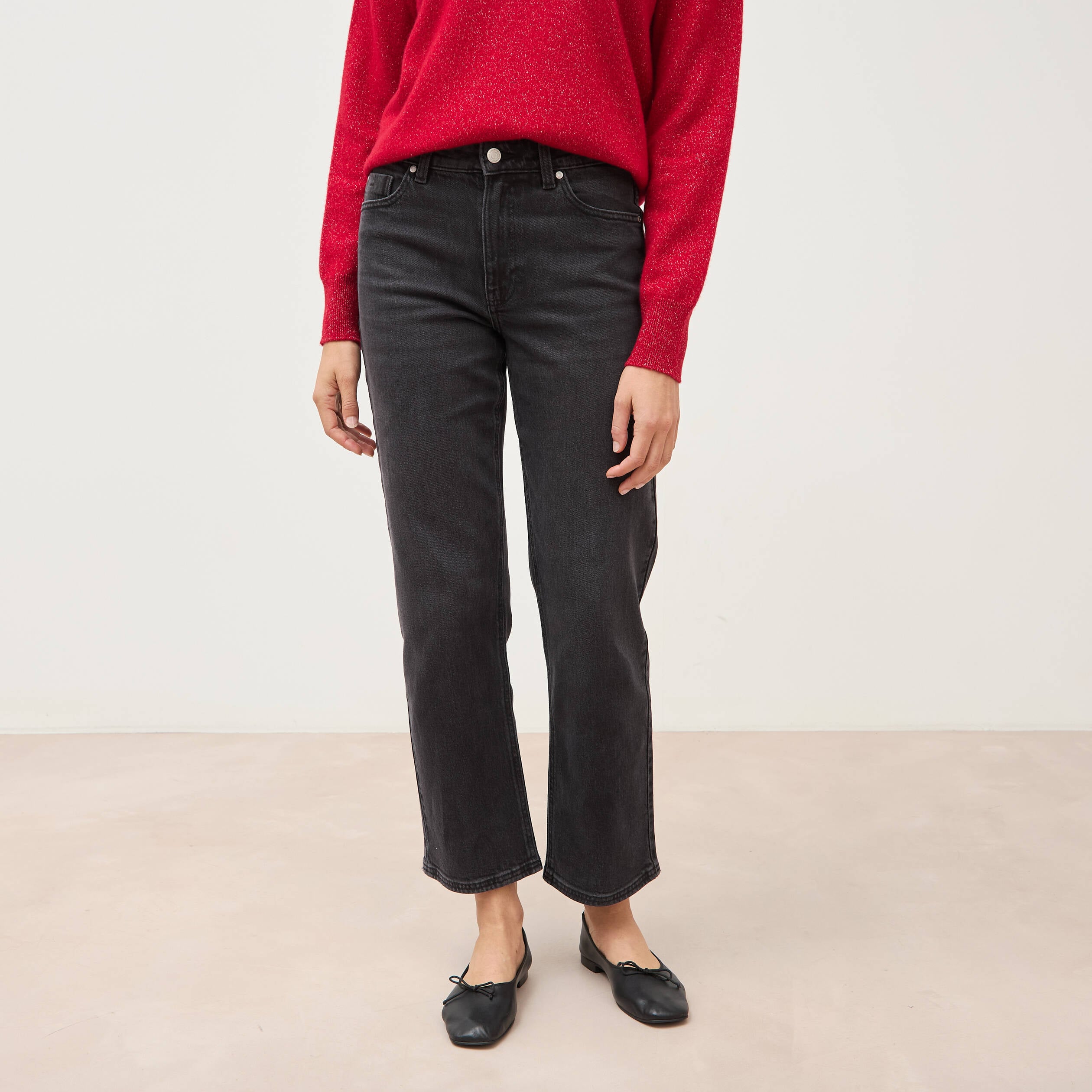 Jeans straight 7/8&egrave;me taille haute denim noir femme