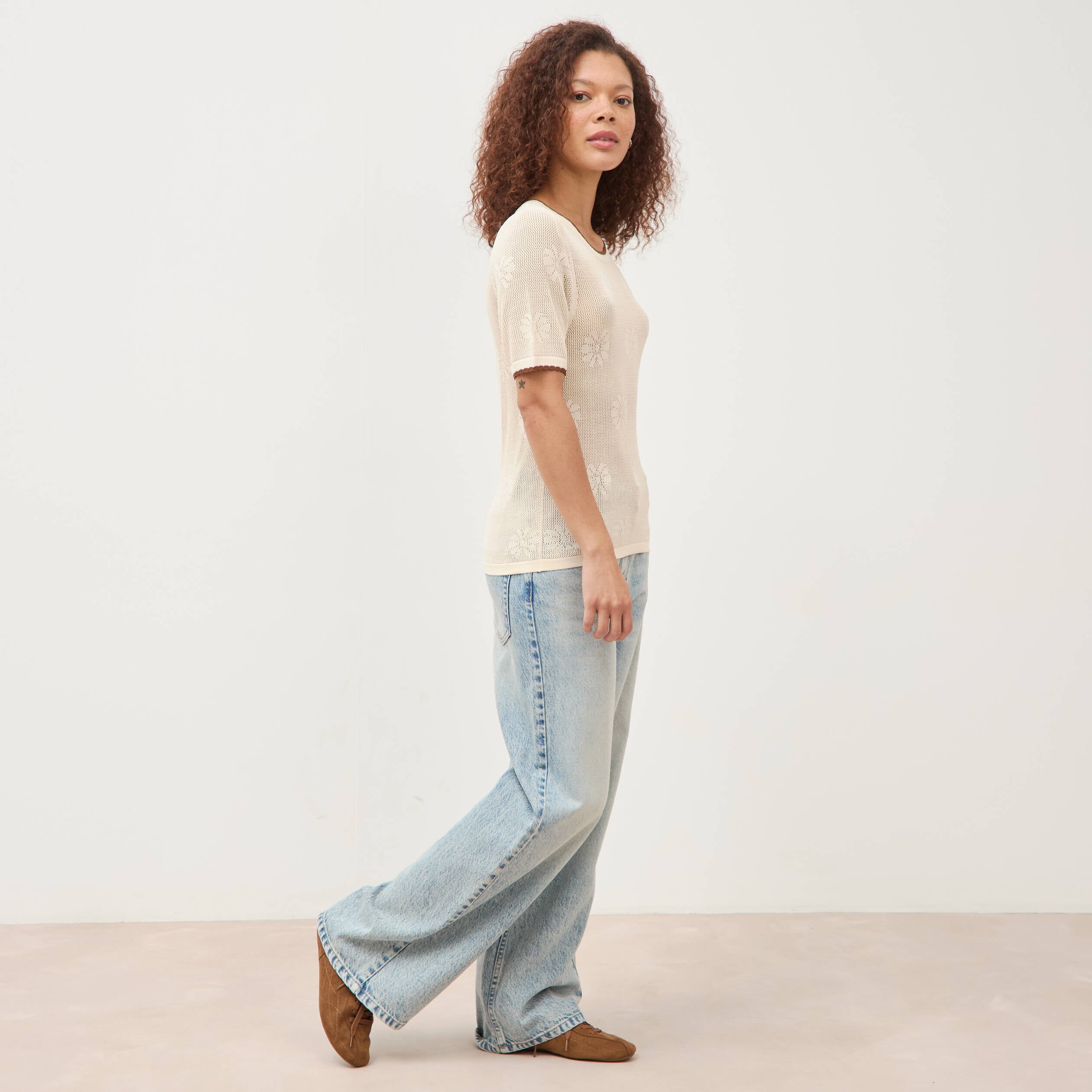 Pull droit court manches courtes ecru femme
