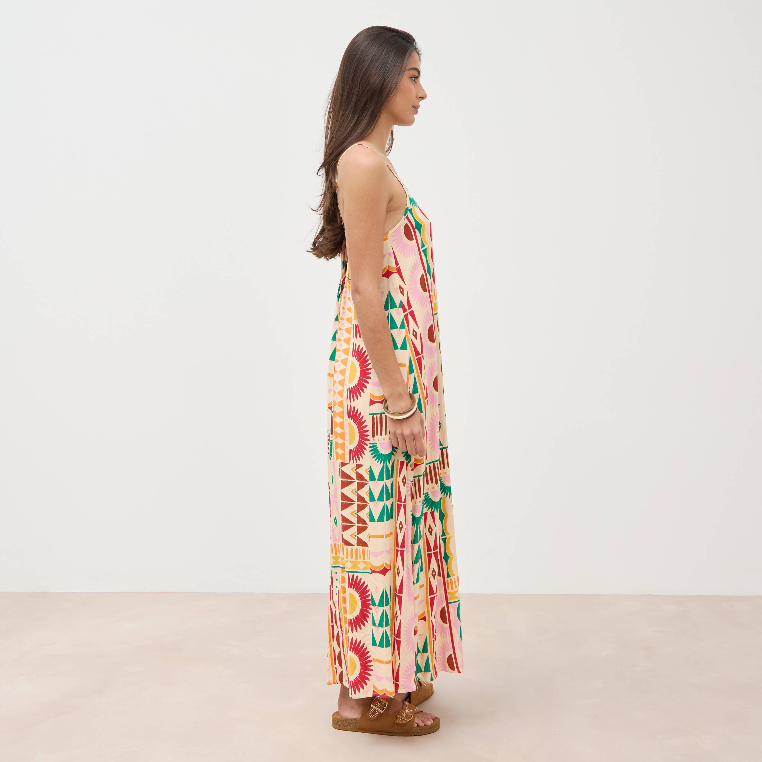 Robe longue fines bretelles col rond multicolore femme