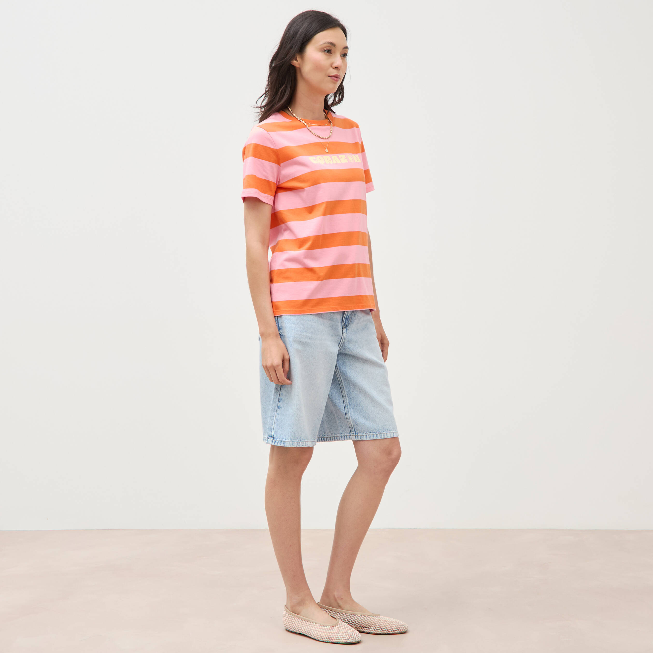 T-shirt ray&eacute; col rond manches courtes orange femme
