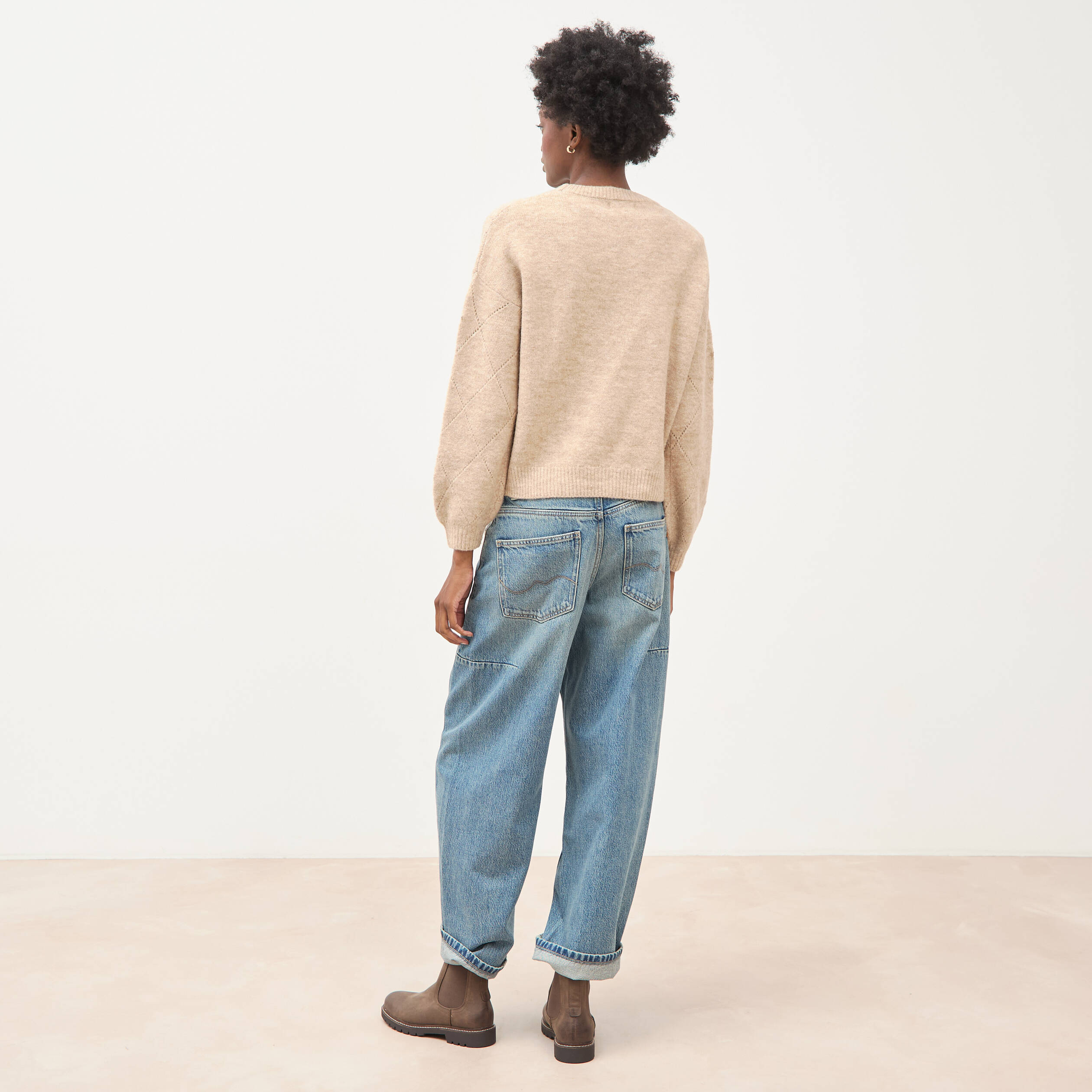Pull droit col rond manches longues creme femme