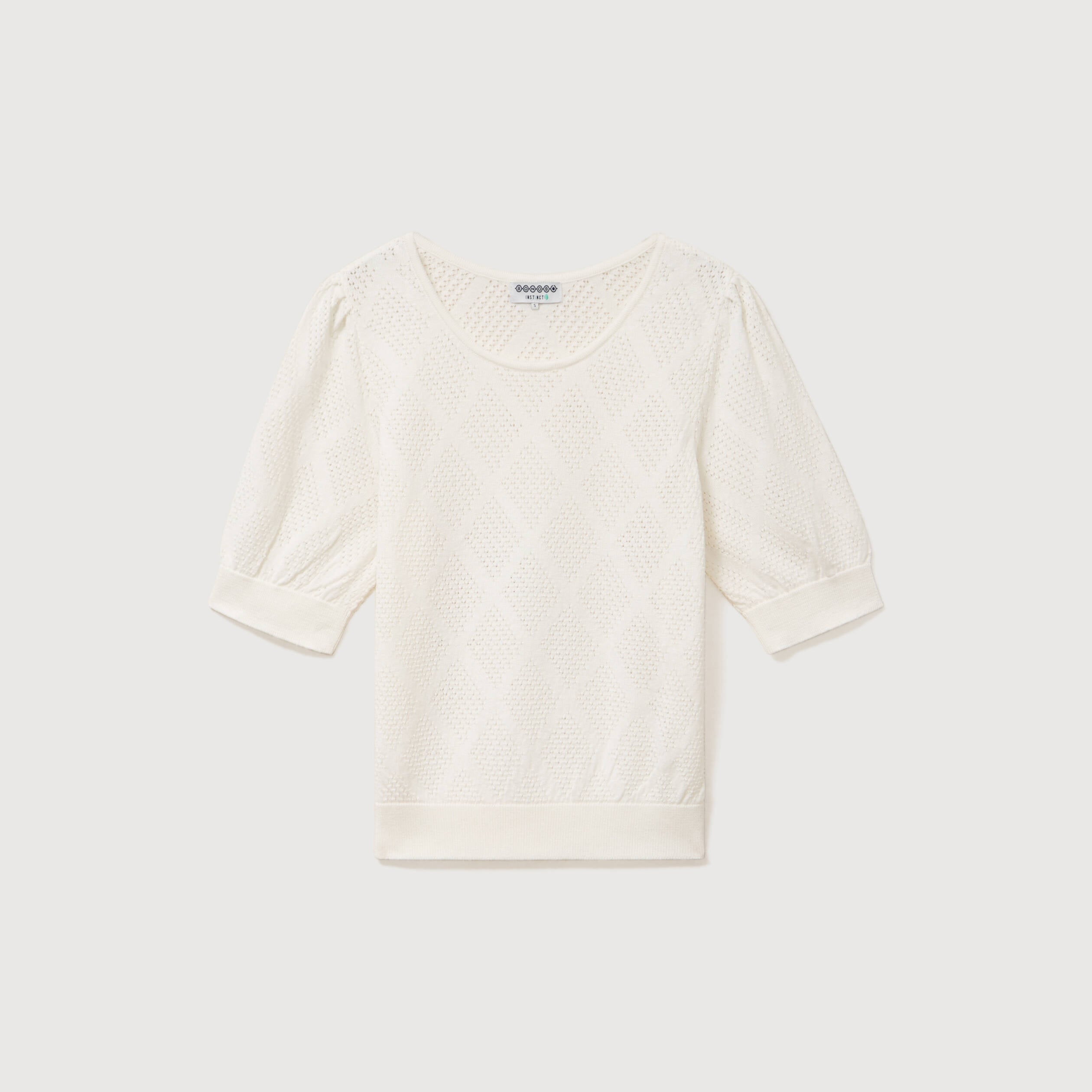 Pull ajour&eacute; droit court manches courtes ecru femme