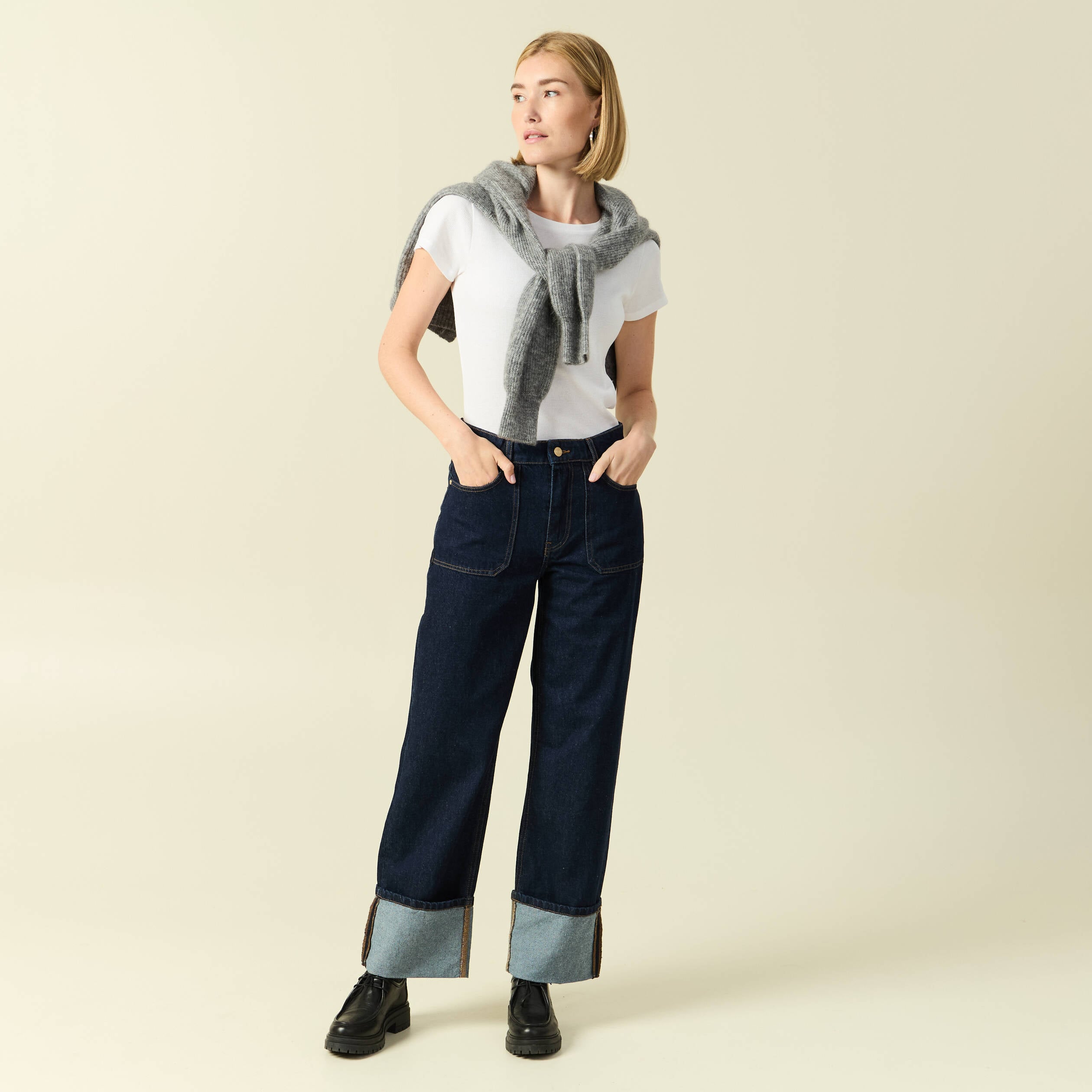 Jeans wide large taille haute denim brut rinse femme