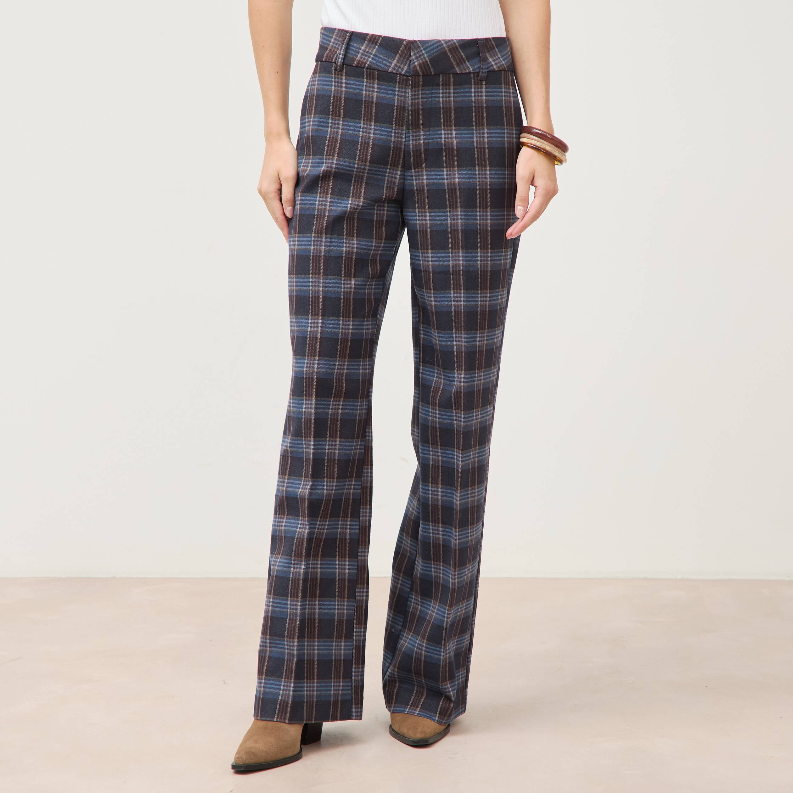 Pantalon flare &agrave; carreaux taille haute bleu gris femme