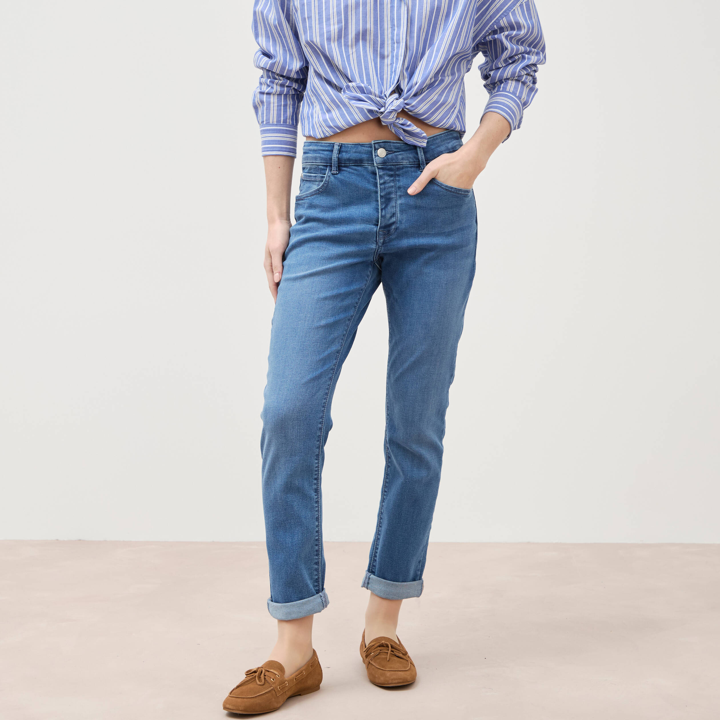 Jeans girlfriend taille haute denim stone femme